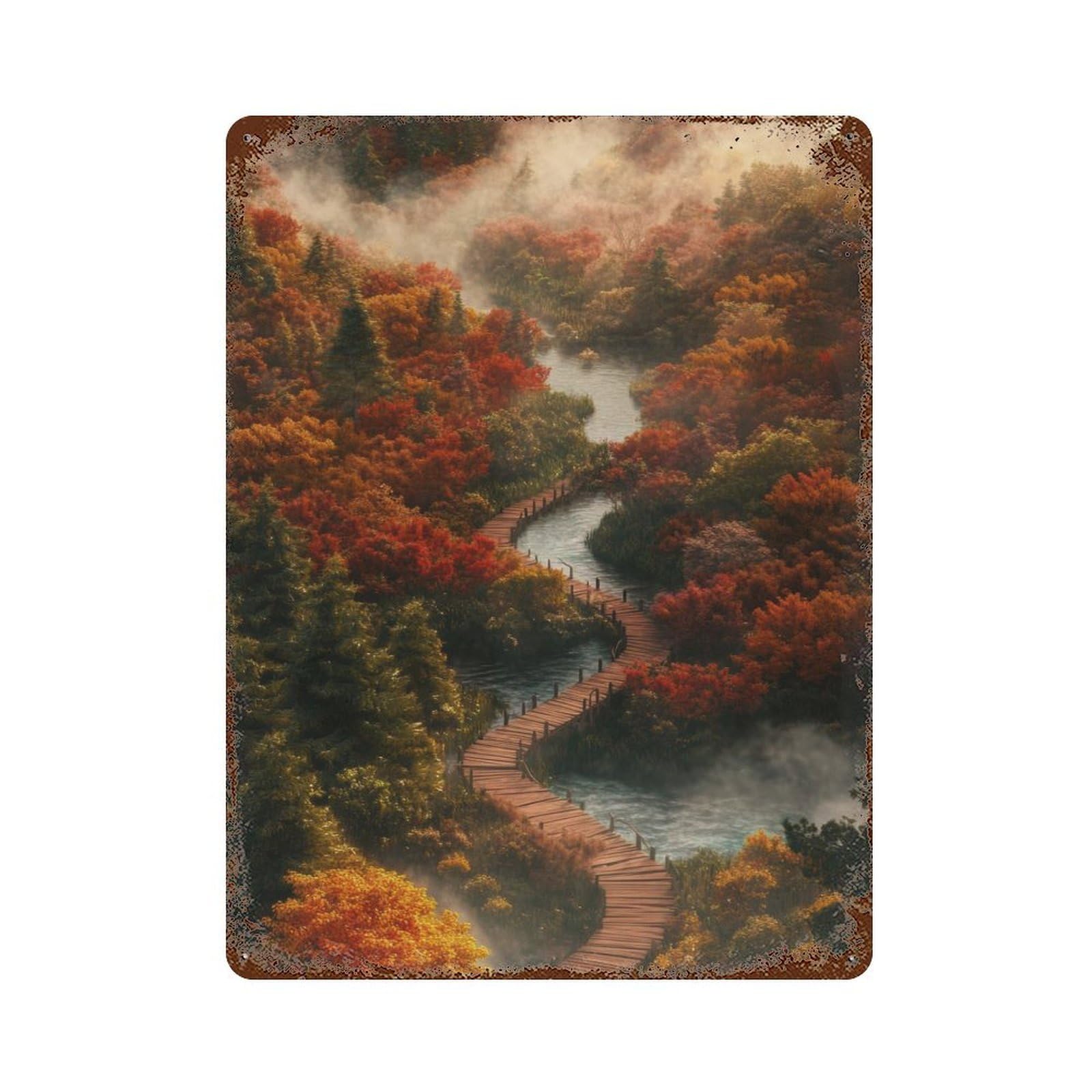 Garage Style Autumn Forest Path Rust Effect Tin Sign 15.7"x11.8", Industrial Home Decor for Bar And Workshop