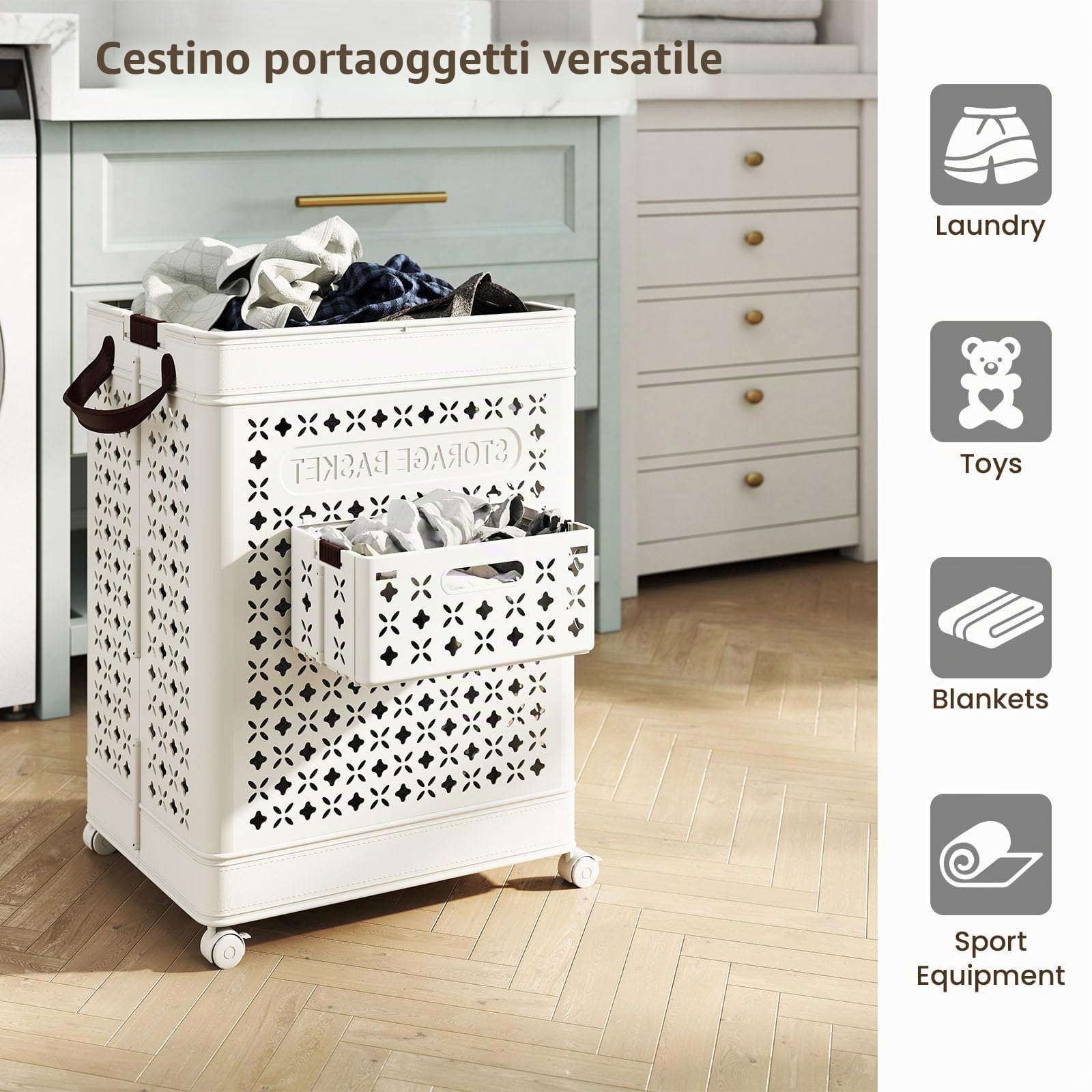 LIFEZEAL Cesto per biancheria pieghevole con ruote, 75 L, portatile, con maniglia, cesto per lavanderia in plastica per camera da letto, bagno, dormitorio, lavanderia
