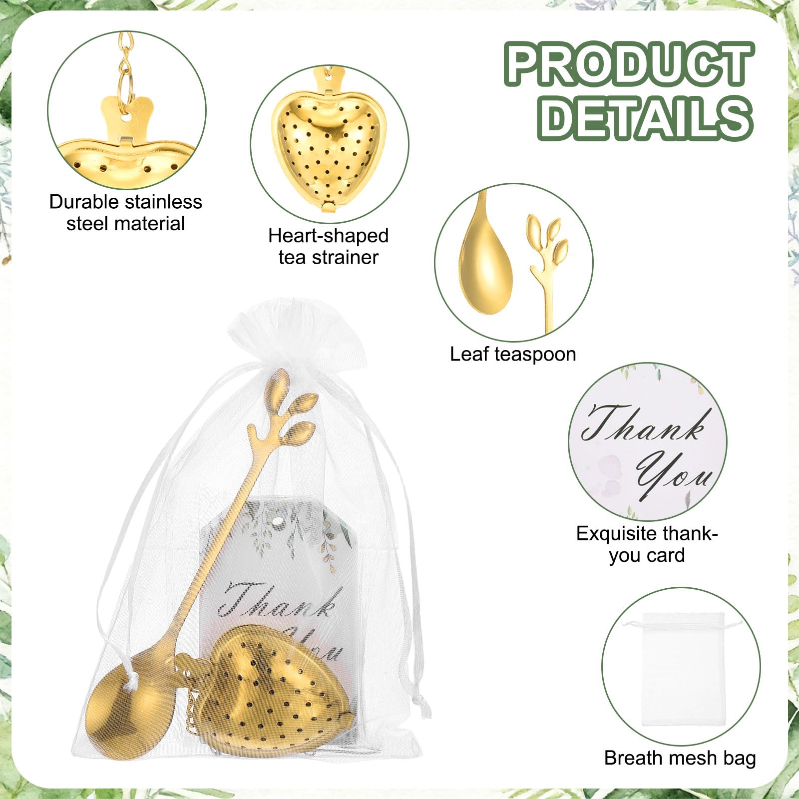 sourcing map Lot de 25 boules à infuseur en forme de cœur pour fête prénuptiale, cuillère à thé avec carte de remerciement, sac en maille, cadeau souvenir de mariage, accessoires de thé, cadeau de