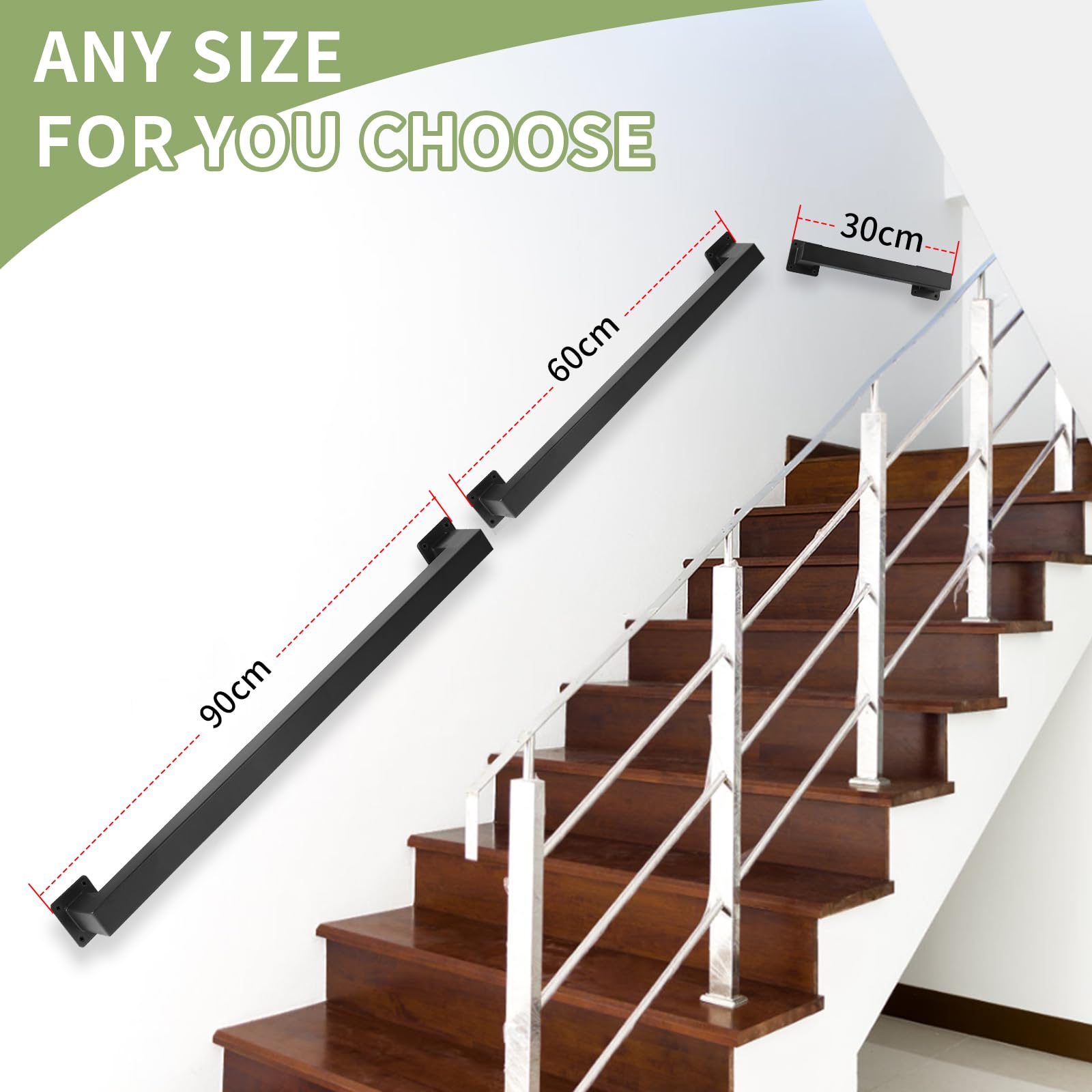 Corrimano 60 cm per Scale, Design Tubo Quadrato Corrimano a parete con supporti, Interno/Esterno, Ringhiera di sicurezza Nero opaca per scale, parapetti, balconi o maniglie