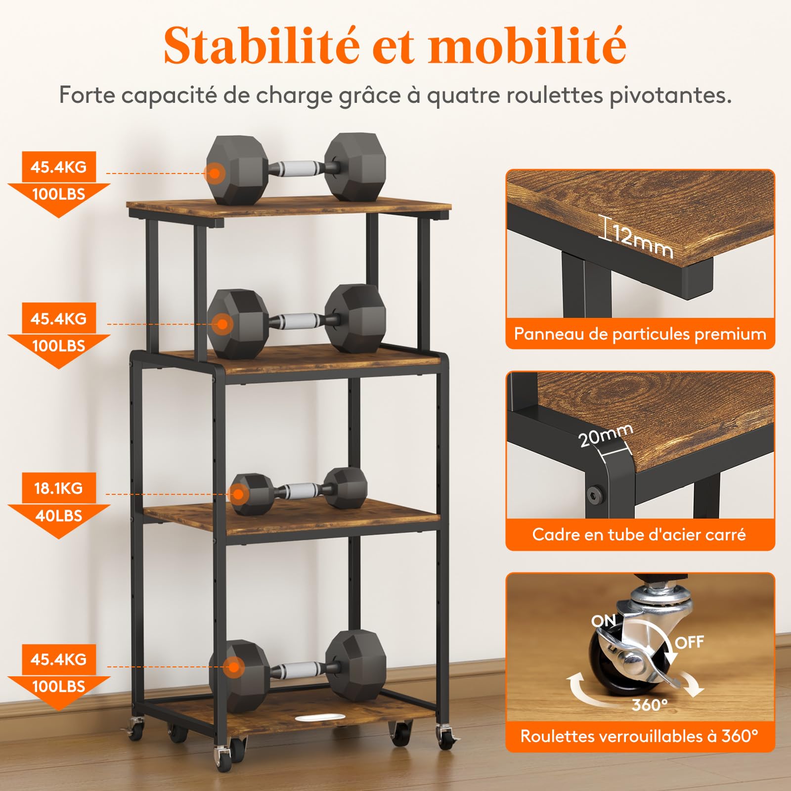 Lifewit Meuble Imprimante 4 Étages avec roulettes et Étagère de Rangement Ajustable pour Bureau à Domicile, Chariot D'imprimante pour Destructeur, Scanner, Brun Rustique, 53x40x112cm