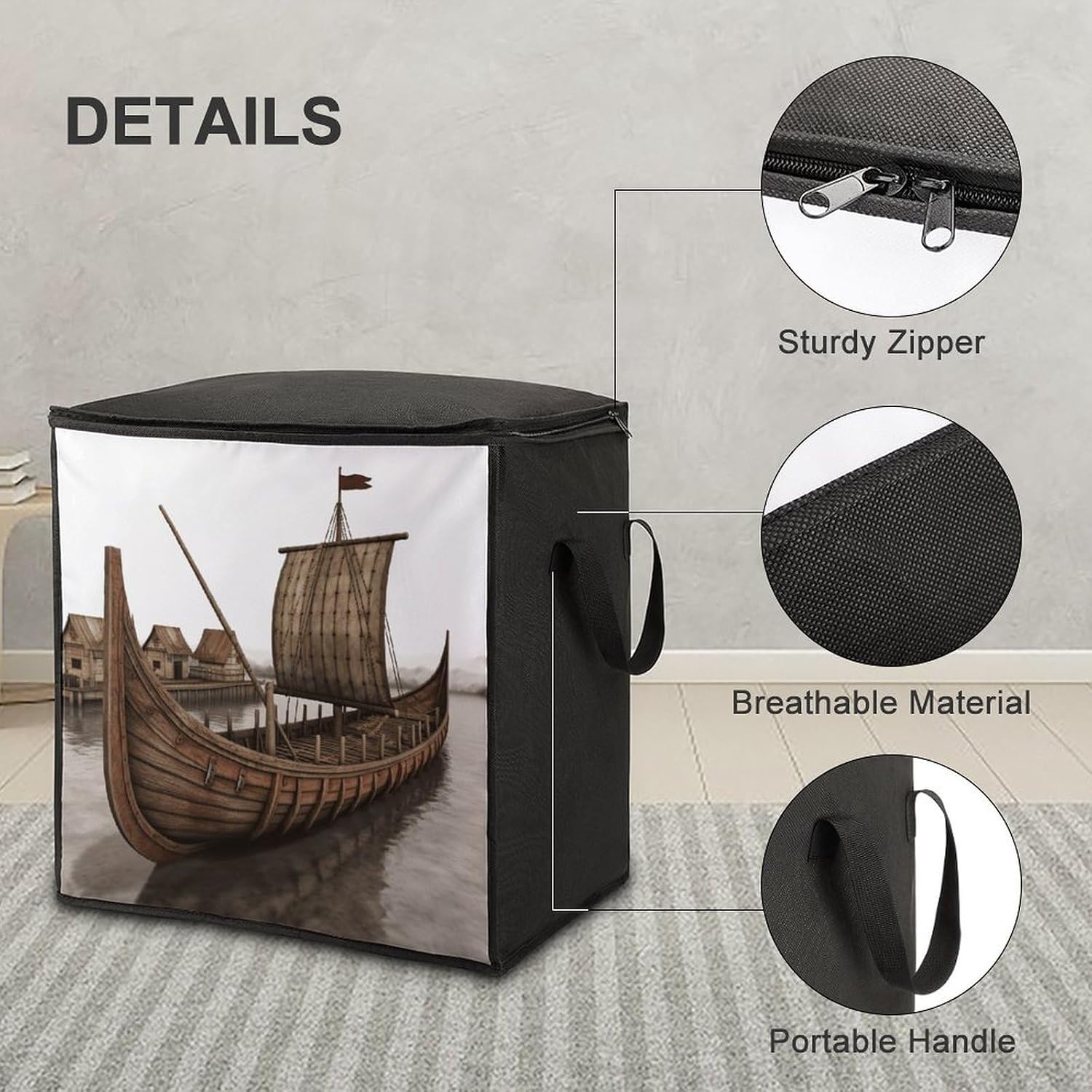 Old Viking Boat Storage Bag with Zippers And Handle Extra Large Bedding Comforter Storage Bag Foldable Blanket Storage Bags Fabric Moving Bags for Closet Organizer (70L)