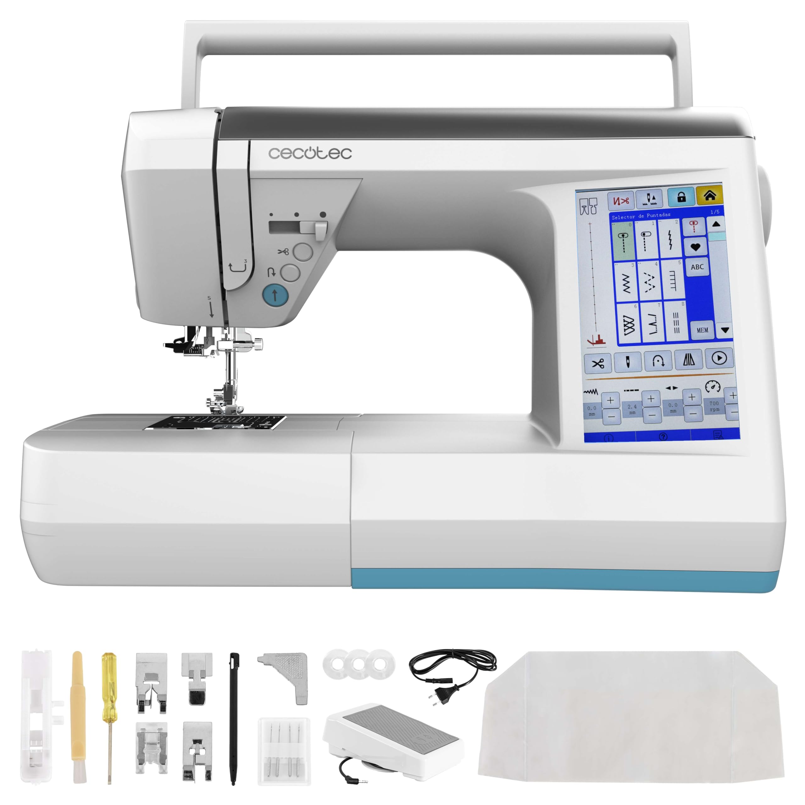 Cecotec Machine à Coudre Numérique BelleCouture 36000 Control. Écran Tactile 7", 360 Points, PedalFree, Enfilage Automatique, Lumière LED, Coupe-fil, Aiguille Haut/Bas, Kit d'Accessoires Complet.