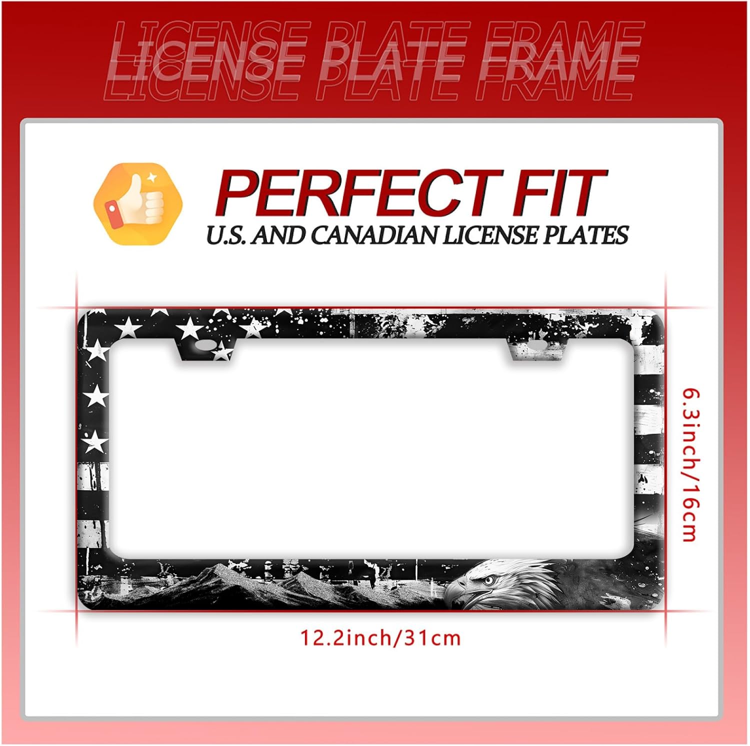 【2pcs】 American Flag Eagle Mountains License Plate Frame Funny License Plate Holder Stainless Steel Accessories Cars Decor with 2 Holes Fits Standard Us Ca Vehicles License Plate Frames 12.2 X 6 Inch