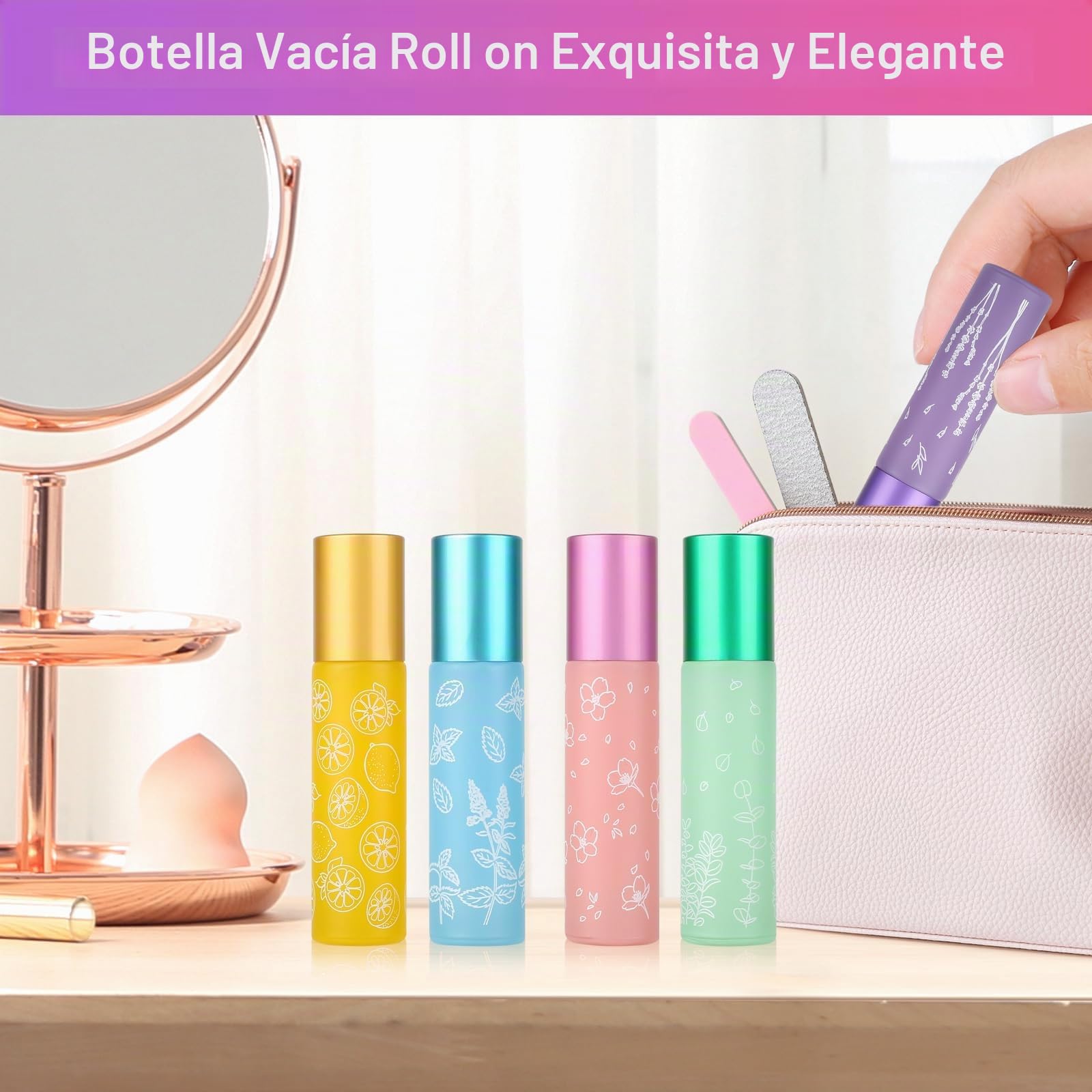 16 Pcs 10ml Roll On Aceites Esenciales, Color Botellas Roll On Cristal con Bolas de Acero Inoxidable, Rellenable Perfume Roll On para Masajes, Mezclas de Aromaterapia, Perfumes