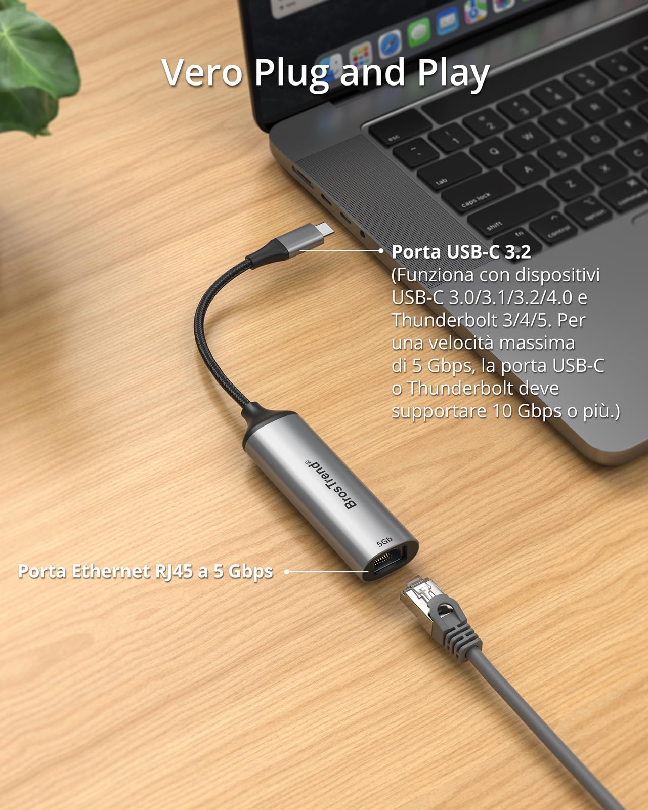 BrosTrend 5Gb Adattatore Ethernet USB C Plug & Play, Alluminio Adattatore di Rete Ethernet LAN per PC MacBook Pro/Air, iPad (Thunderbolt 5/4/3), Compatibile con Windows, MacOS iOS etc. Garanzia a Vita