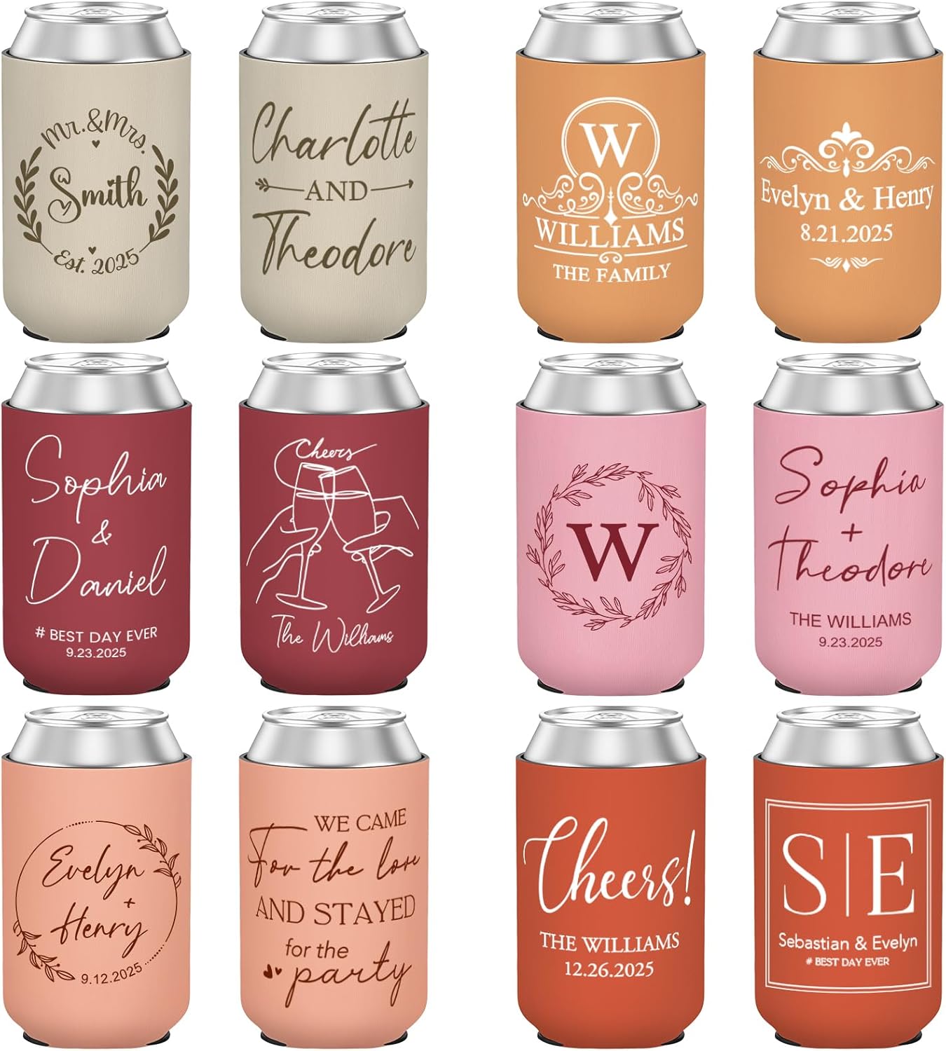 Custom Wedding Can Coolers for Guests Bulk, 50 Pack Personalized Multi-color Can Sleeves with Names Dates Quotes Monogram, Insulated Drink Holder for Wedding Engagement Party Favors, 12 oz Standard