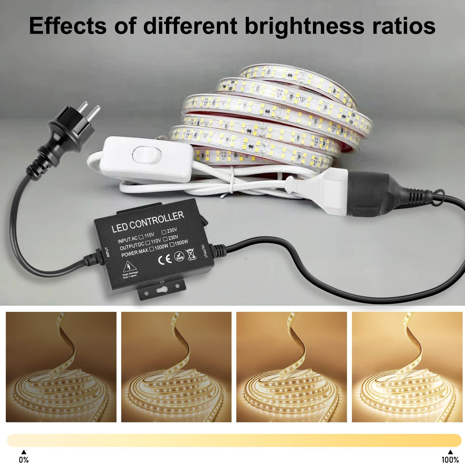 Cadena de luces LED de 1500 W, regulador de intensidad con mando a distancia, CA 220-240 V, interruptor de enchufe, regulador de intensidad para tiras de luz y lámparas regulables, Bluetooth+mando a