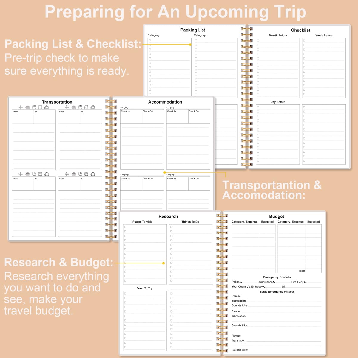 Travel Journal for Women & Men, Vacation & Road Trip Planner Organizer, Travel Notebook for 6 Trips - Image 4