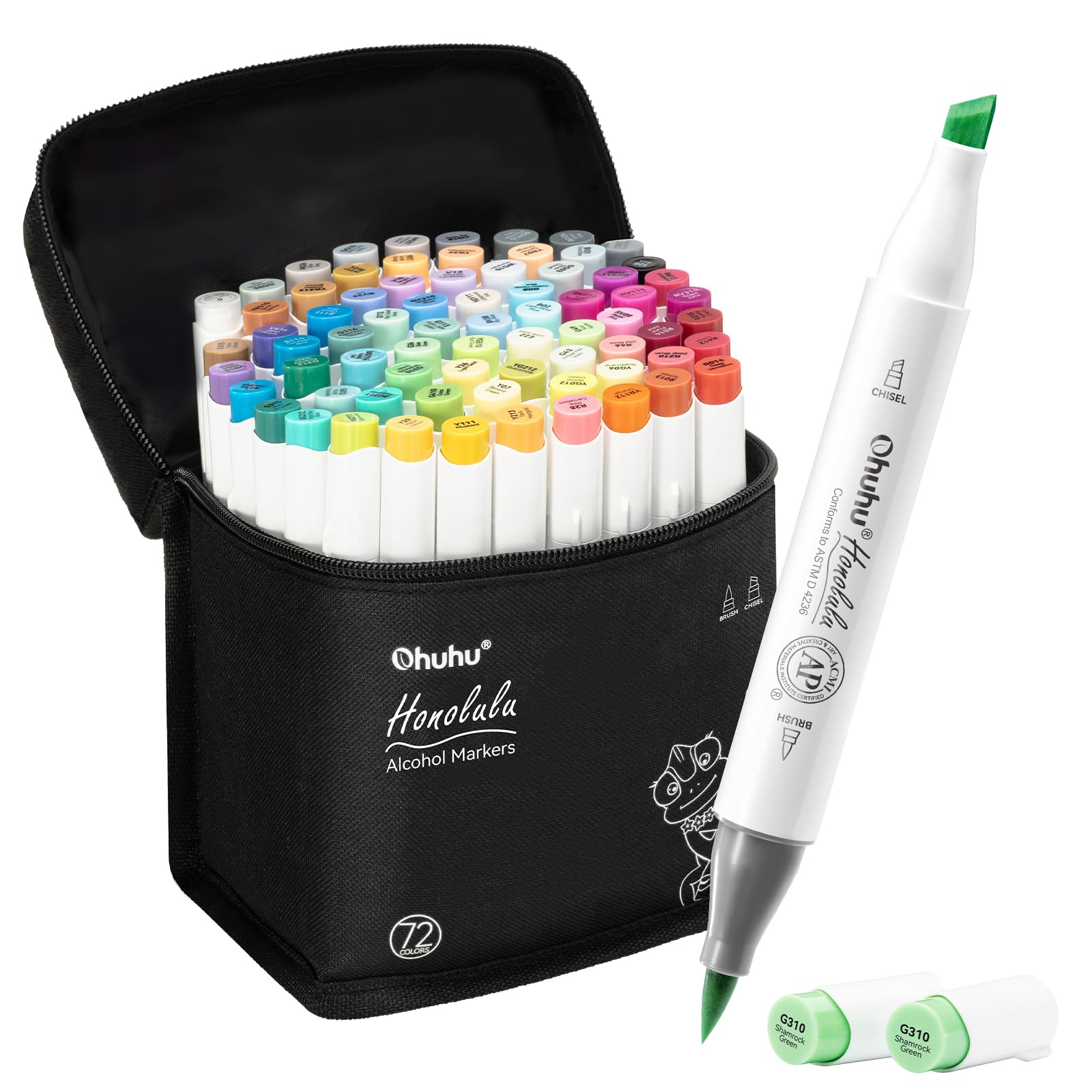 OhuhuAlcohol Markers Brush Tip - Double Tipped Art Marker Set for Artist Illustration - 72 Colors - Chisel & Brush Dual Tips - Honolulu - Refillable