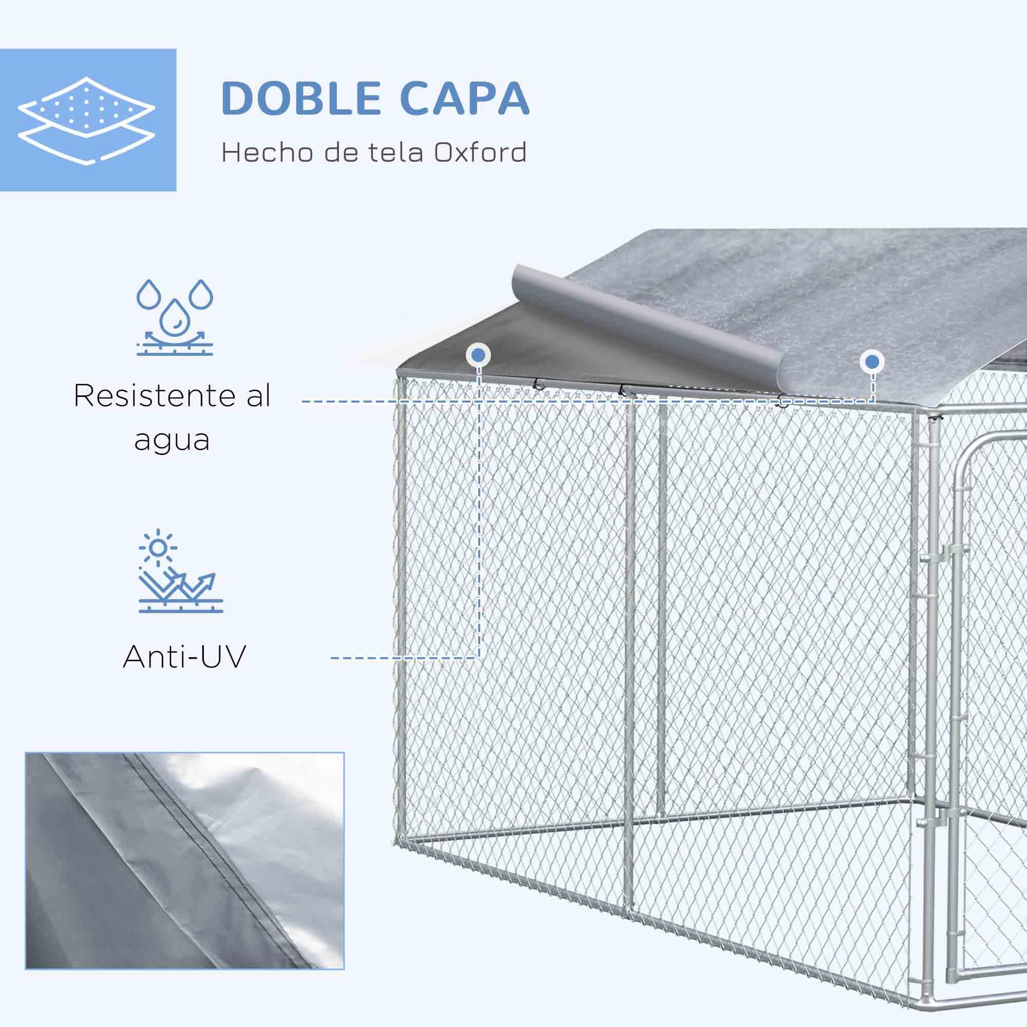 PawHut Perrera de Exterior con Toldo Anti-UV Impermeable Parque para Perros con Puerta con Pestillo y Marco de Metal Galvanizado para Patio Jardín Terraza 4x2,3x2,3 m Plata