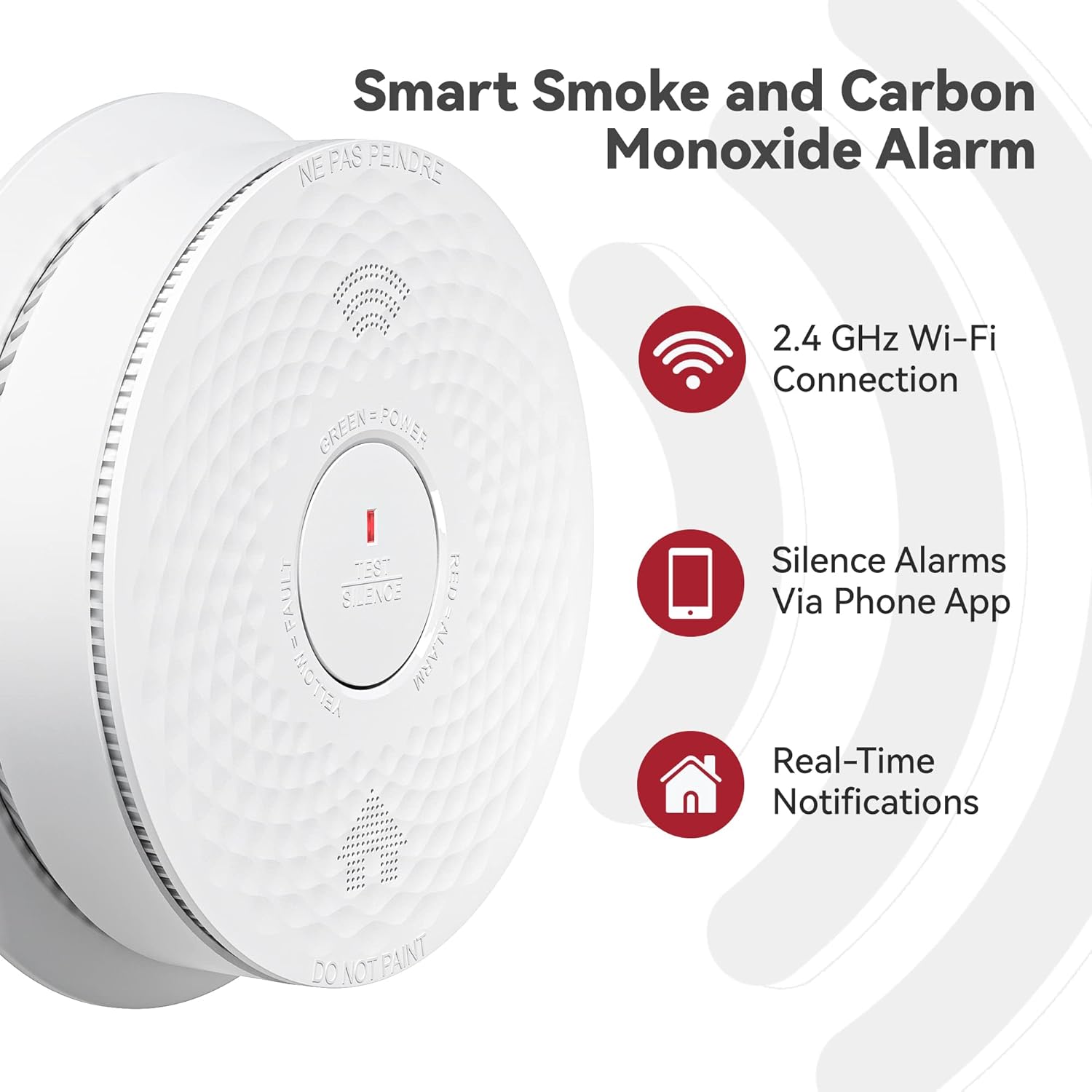 Close-up of the Siterlink Smart Smoke and Carbon Monoxide Alarm, highlighting its 2.4 GHz Wi-Fi connection, ability to silence alarms via phone app, and real-time notifications.