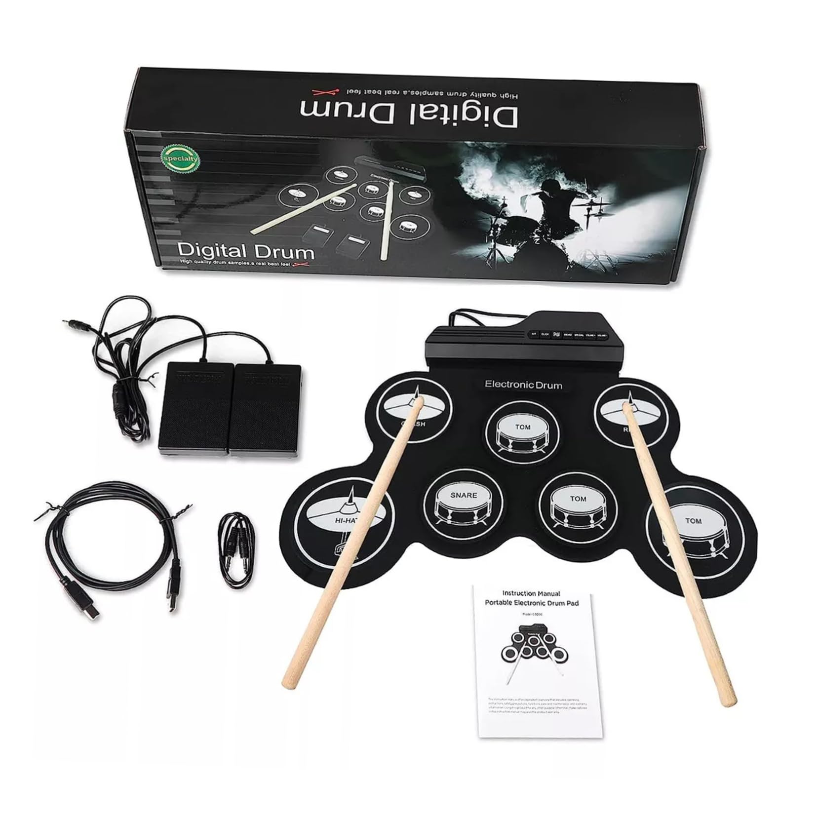 Batteria Elettronica Portatile USB Nero, Set Digitale per Principianti | Silicone Abs, Jack Cuffie e Metronomo Integrato, Suono Realistico per Back To School Party