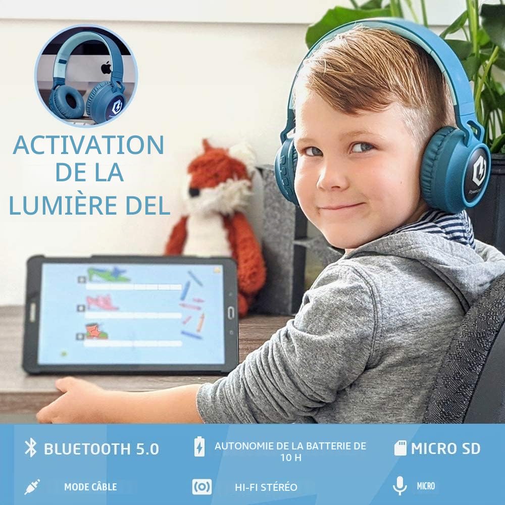 PowerLocus Casque Enfant Bluetooth, Casque Audio sans Fil pour Enfants, Bluetooth 5.0 Confortable Pliable Casque avec Micro intégré, Volume limité à 85db, Réglable, Micro SD Carte Slot, Lumières LED