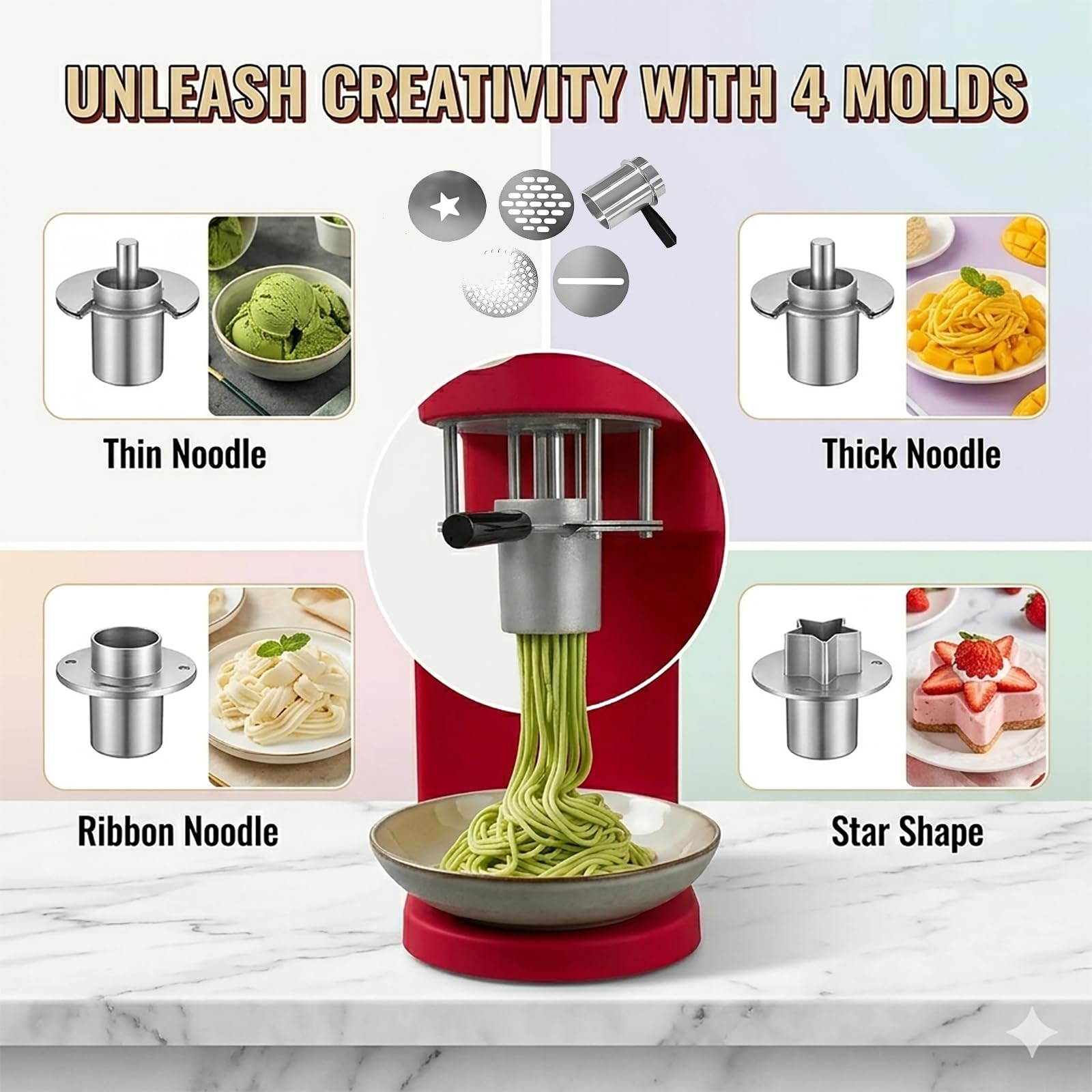 Extrusora Comercial de «Spaghetti EIS» — Robusto Motor de 80 W, Base Estable Que Evita el tambaleo, Prensa 4 en 1 para Helados Tipo fideo, Ideal para heladerías y restaurantes Red
