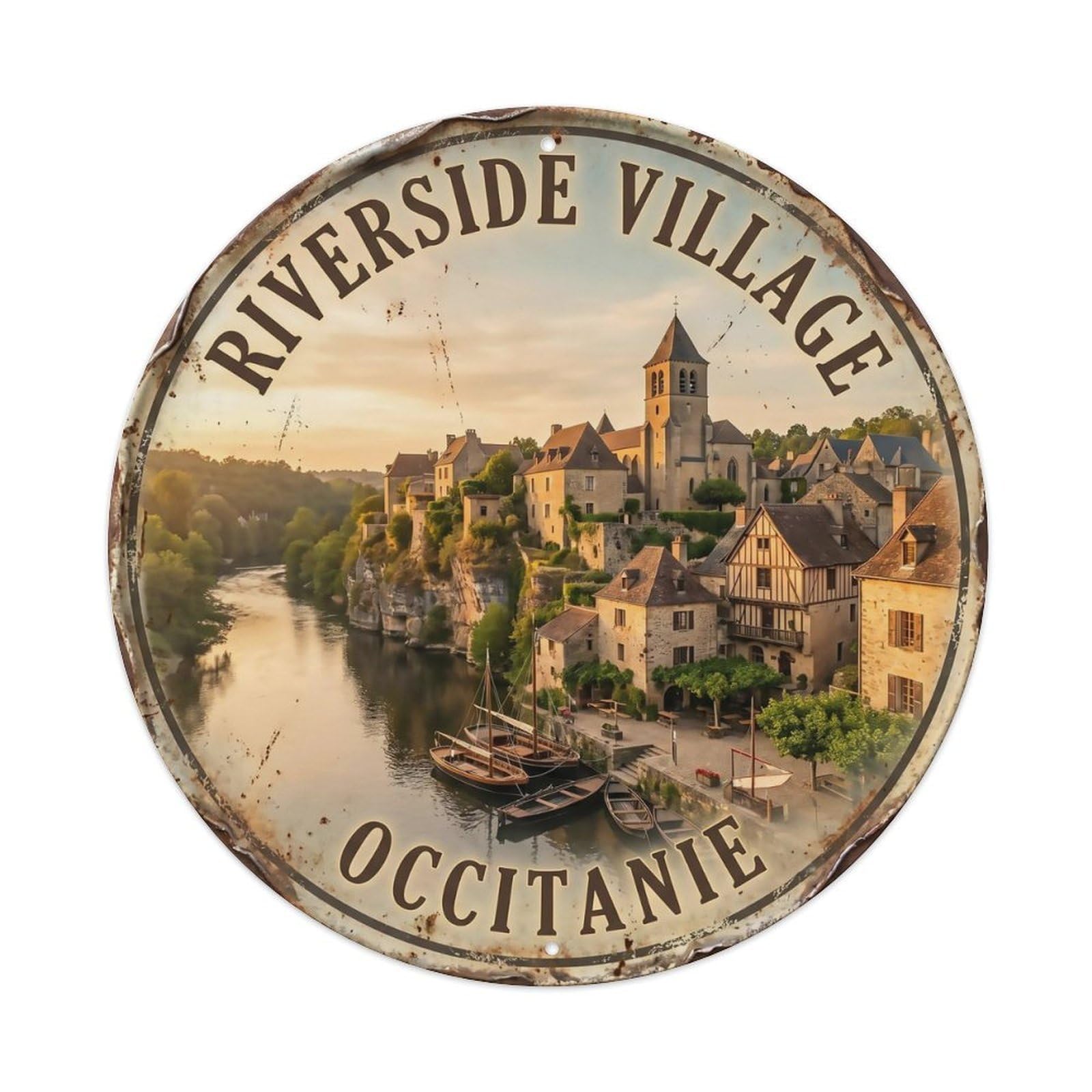 Vintage Travel Riverside Village Occitanie Metal Tin Sign