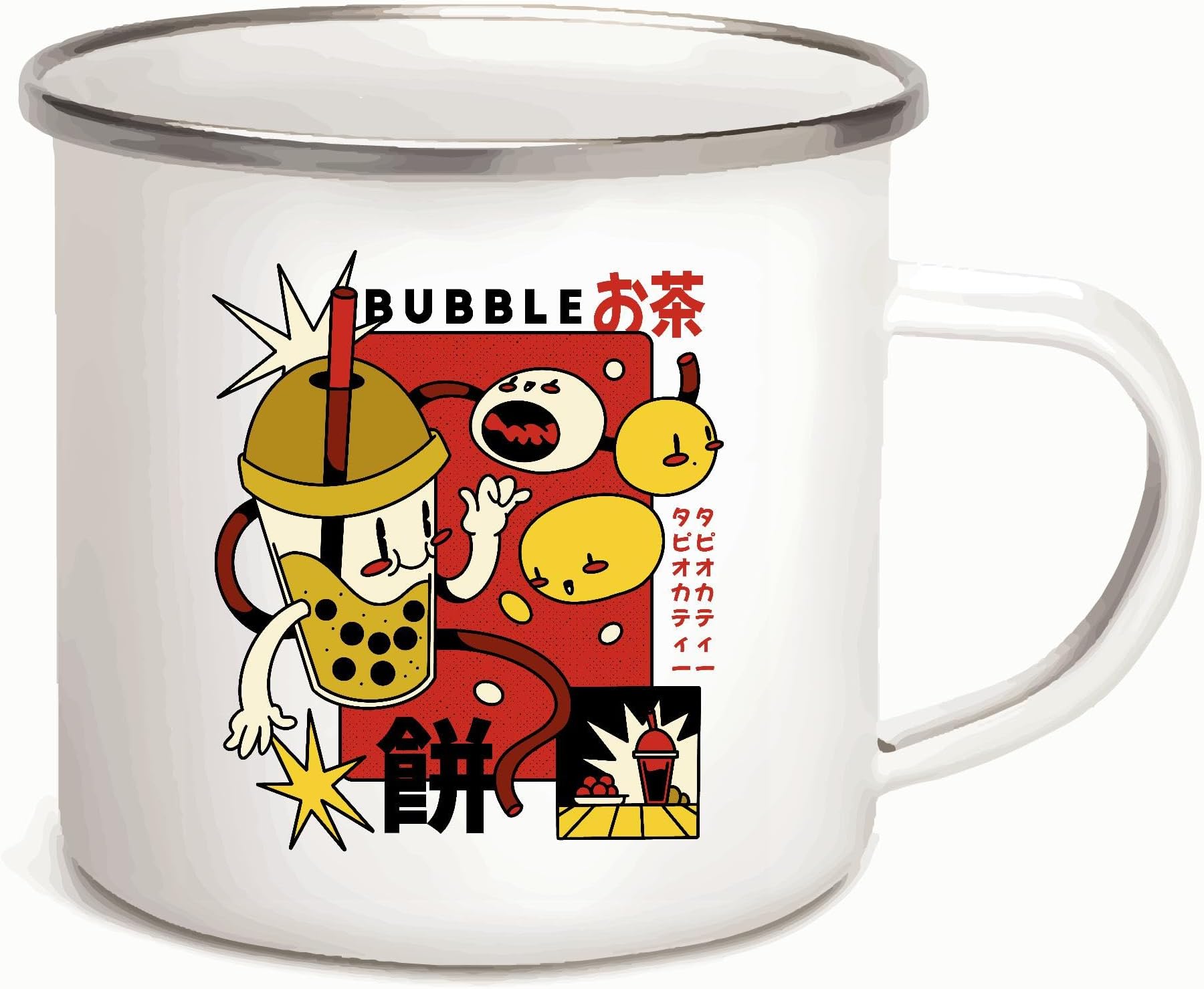 Gift for Bubble Tea Enthusiast Cool Cartoon Retro Design 12oz Enamel Silver Mug