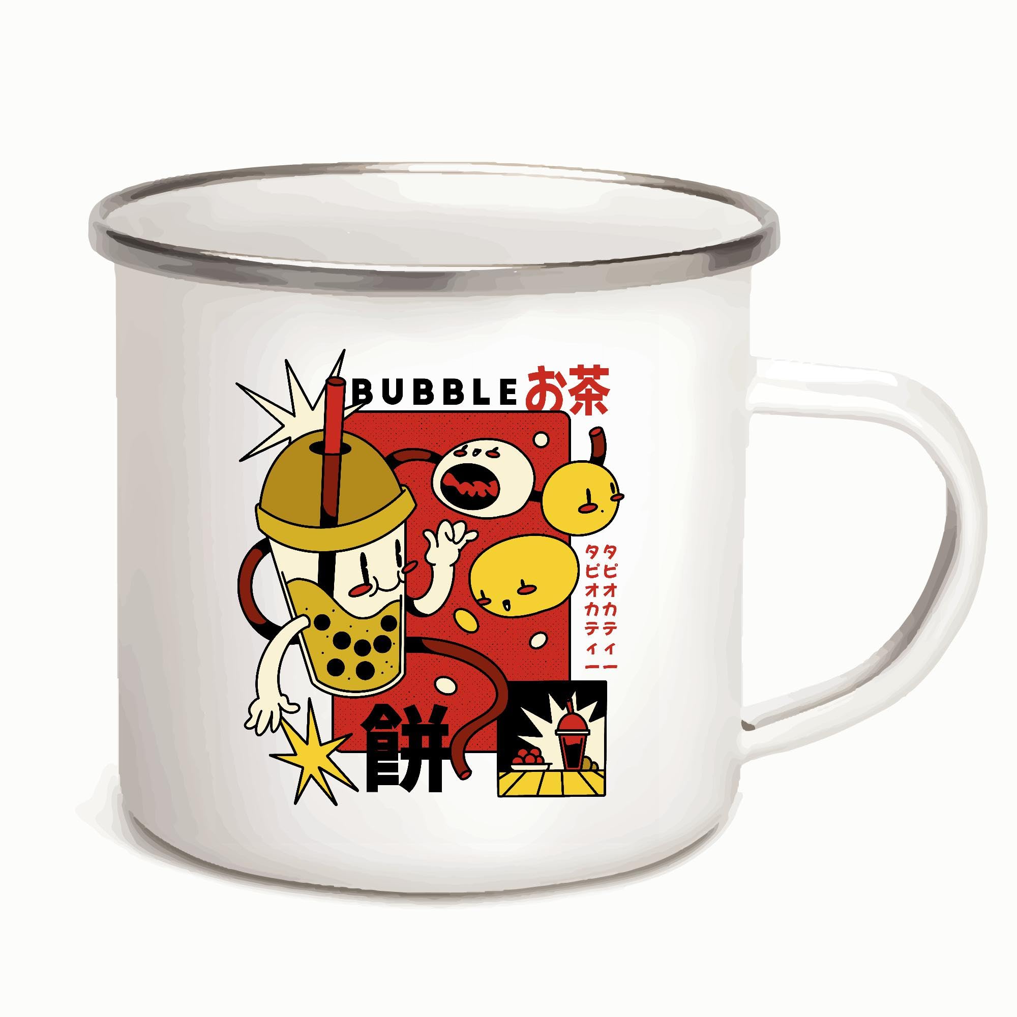 Gift for Bubble Tea Enthusiast Cool Cartoon Retro Design 12oz Enamel Silver Mug