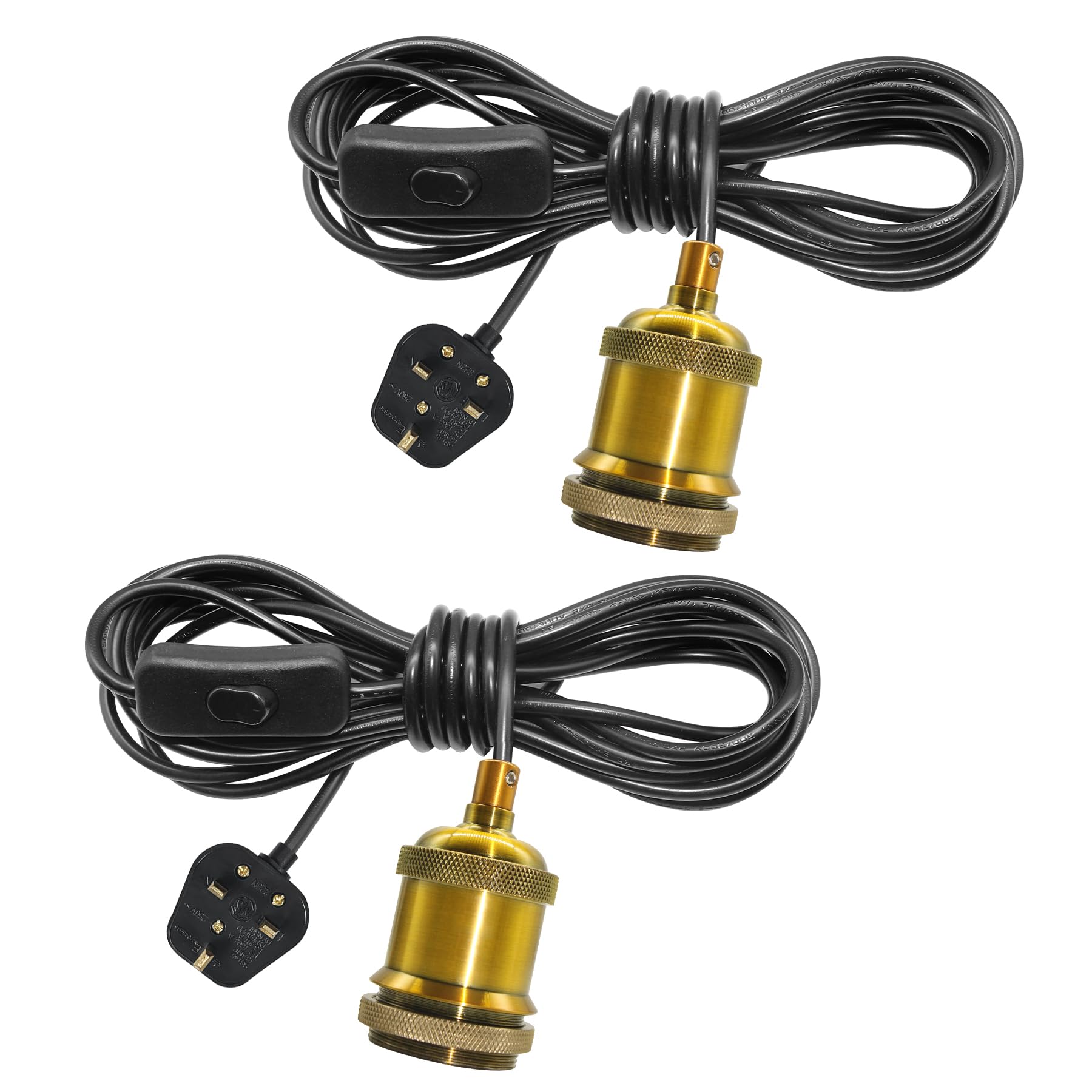 ZRLXFM 2-Pack Metal Lamp Holders with Switch and Plugs, E27 Antique Copper Pendant Light with 500 cm Cable, DIY Plug in Hanging Light Kit (Bulb Not Included)