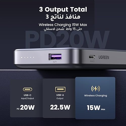 Miniatura 3 de UGREEN Batería externa magnética inalámbrica de 10000 mAh USB C USB A carga rápida PD QC 3.0 20W Power Bank Induction Qi 15W Max compatible con