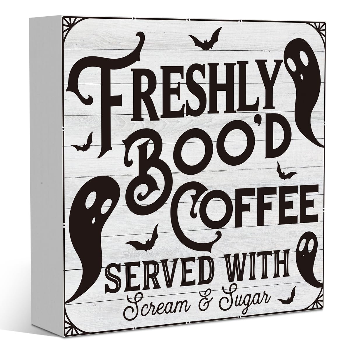 Cute Halloween Fall Decorations Indoor Ghost Coffee Wood Square Sign Freshly Boo'd Coffee Served With Scream and Sugar Desk Block Signs Home Shelf
