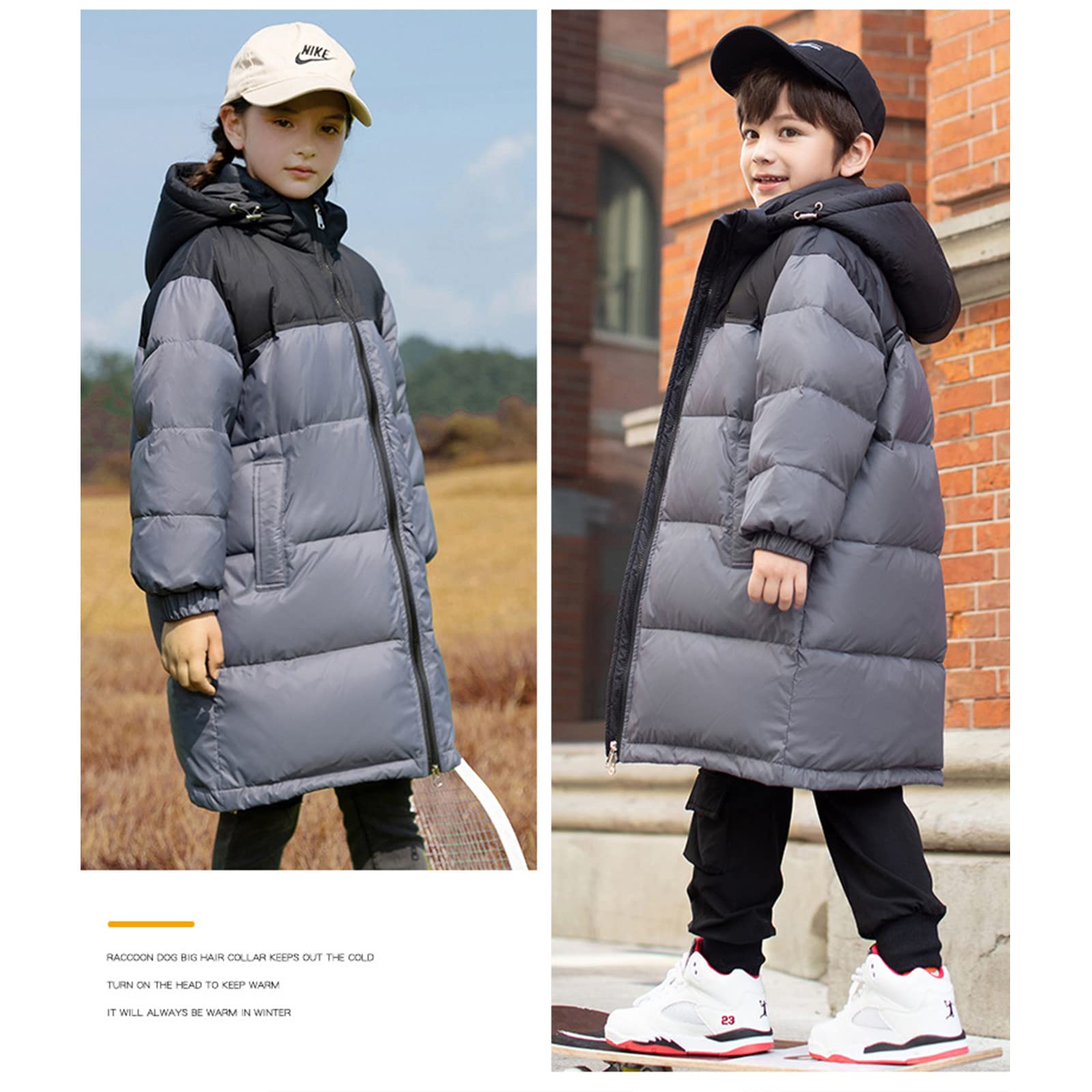 Piumino per Bambini Inverno Ispessimento Caldo di Media Lunghezza Ragazzi e Ragazze Soffice Piumino D'Anatra Bianco Giacca con Cappuccio Antivento