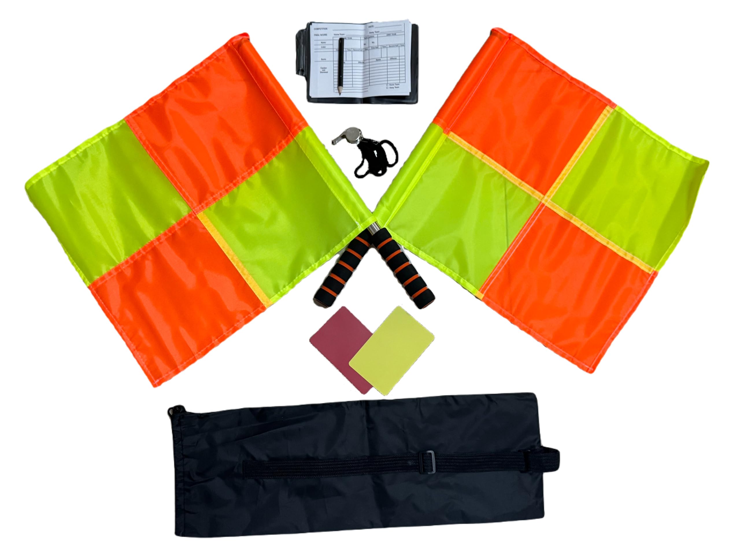 Soccer Referee Flag, Checkered Linesman Flags Set with Pouch, Metal Rod Foam Waterproof Handle, Red and Yellow Card With Notebook and Pencil, and Referee's Stainless Steel Whistle with Lanyard