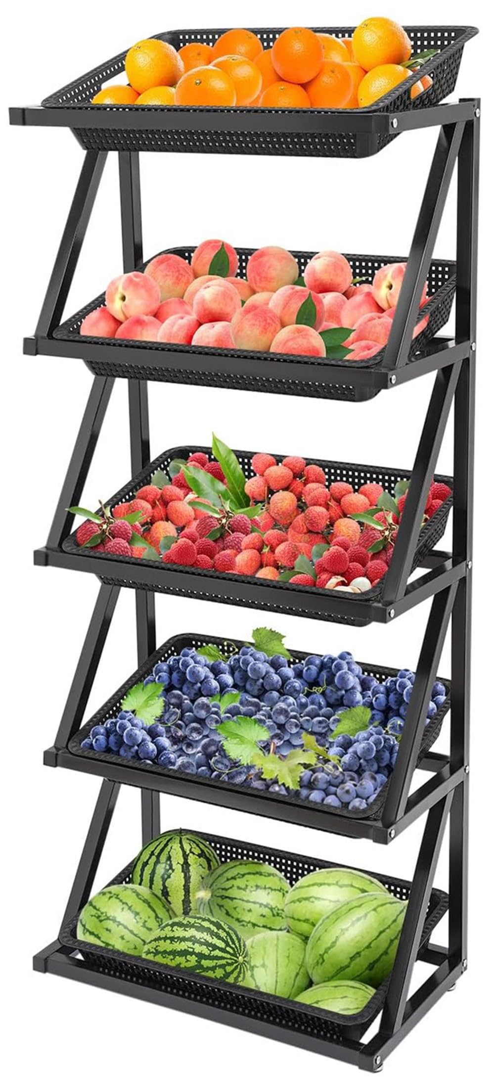 Espositore per Frutta e Verdura a 5 Ripiani, espositore per Negozi, espositore per Snack e Caramelle con 5/10 cestini, Organizer per Uso Commerciale e Domestico, Nero, Singolo