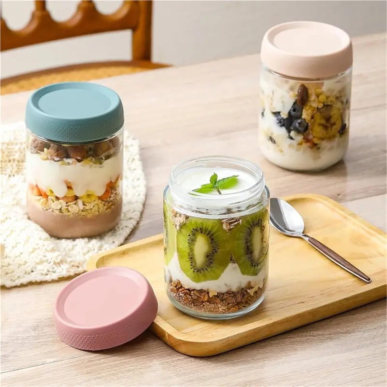 Barattolo per fiocchi d’avena notturni Contenitori di avena notturna da 6 pezzi 500 ml con coperchio, barattoli vetro chiusura ermetica, insalata, for snack, yogurt, spezie, zucchero