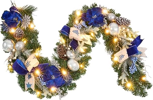 Guirnalda de Navidad preiluminada con cinta de icono de árbol de Navidad y magnolia, 25 luces LED con temporizador, guirnalda iluminada de 6 pies en