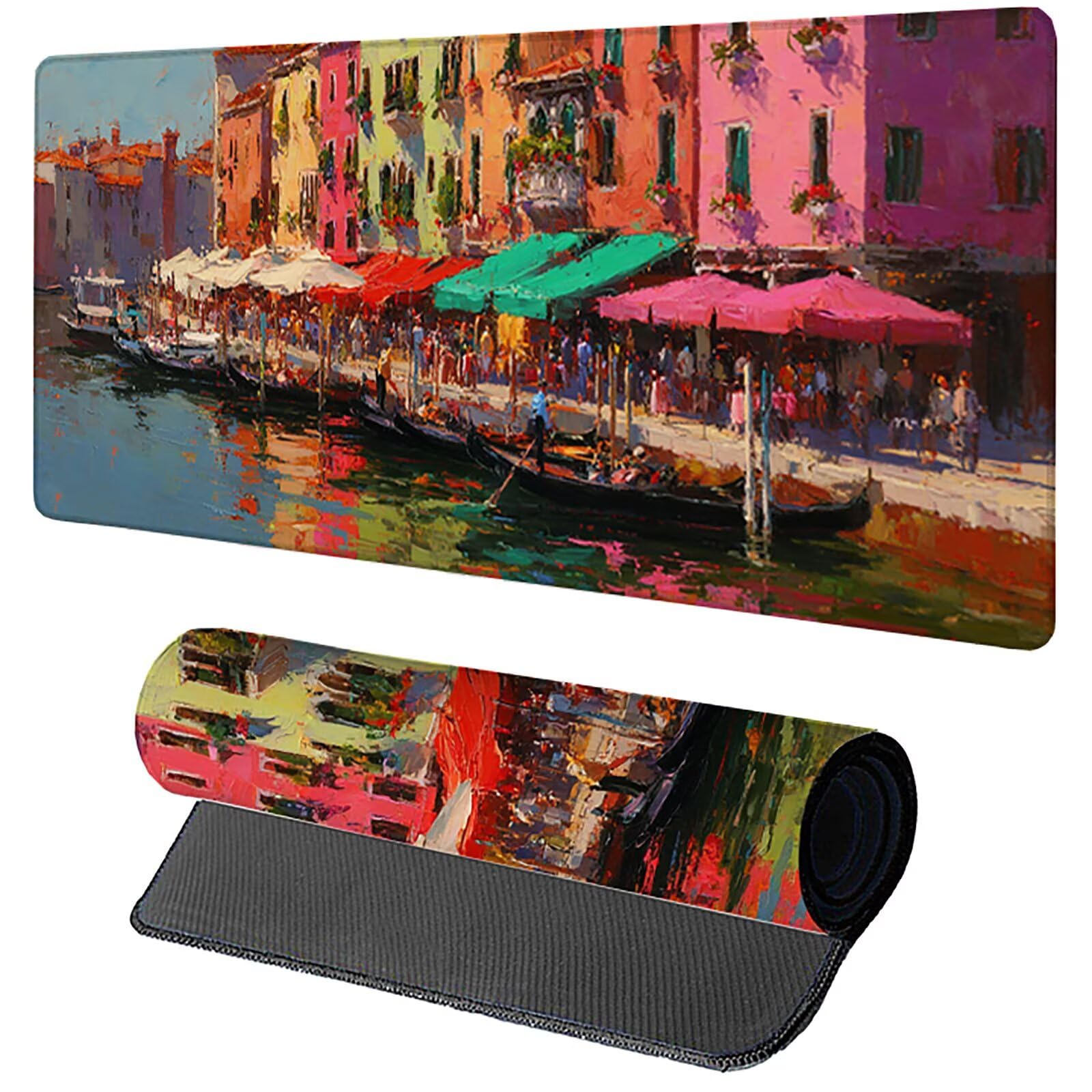 Podkładka pod mysz do gier Boat M-8744 1200 x 600 x 3 mm, z widokiem ulicy, podkładka na biurko z przeszytą krawędzią, podkładka pod mysz z antypoślizgową gumową podstawą, akcesoria biurowe, podkładka