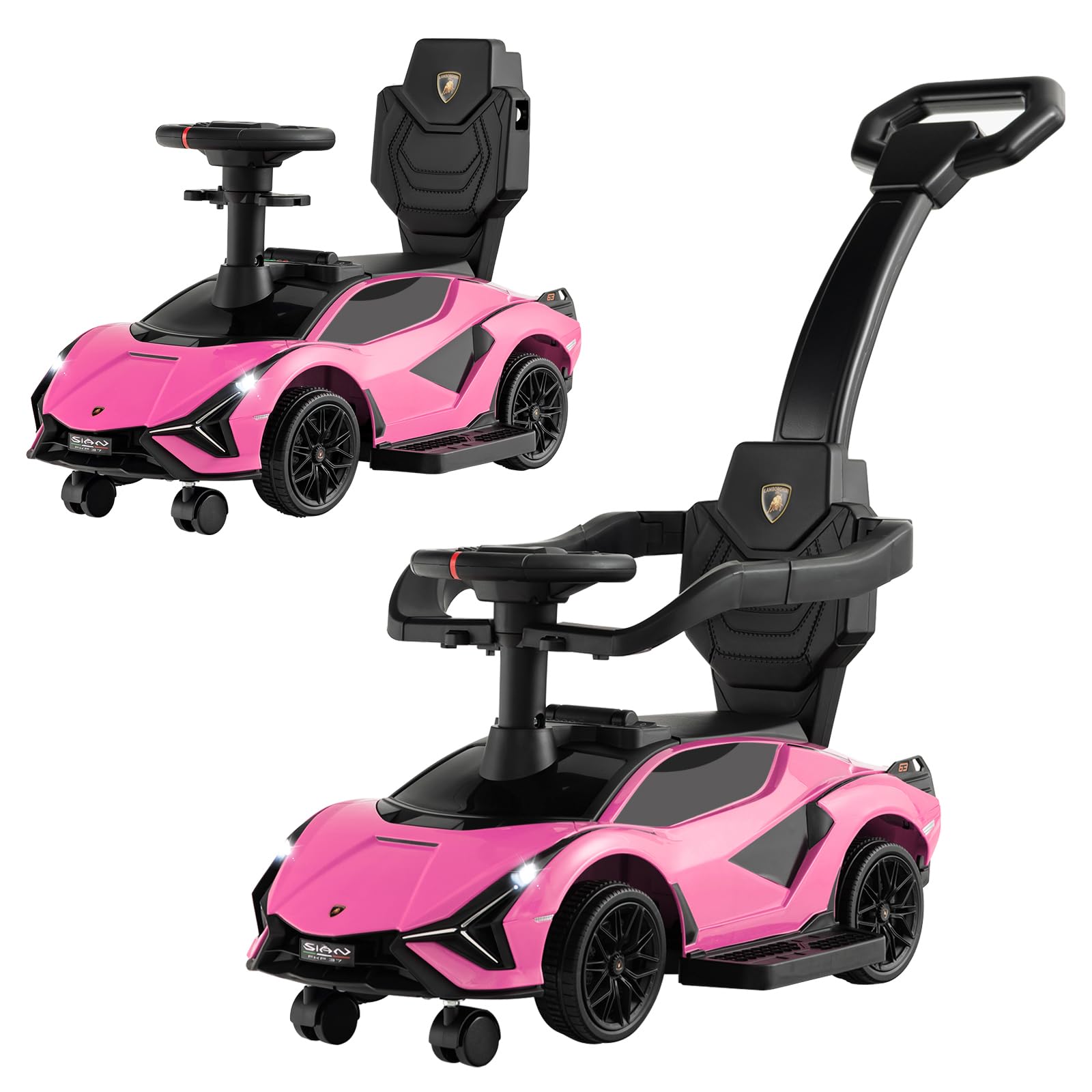 COSTWAY 3 in 1 Auto da Spinta, Auto Scorrevole con Paracolpi e Manubrio Rimovibili Musica e Fari, Spazio di Stoccaggio Nascosto e Ruote Universali Staccabili, Bambini 18-24 Mesi (Rosa)