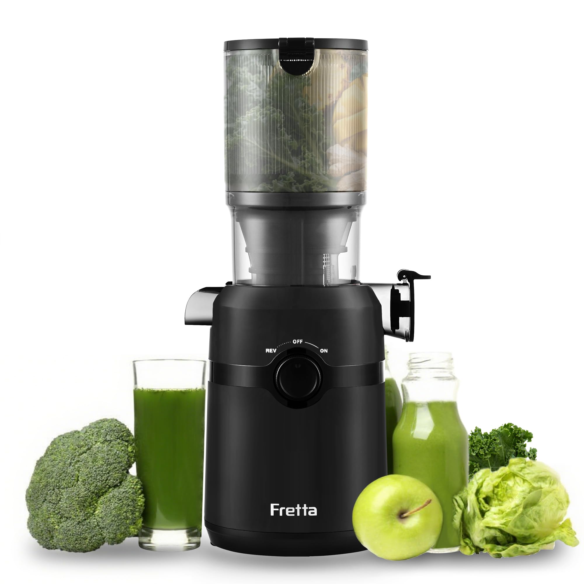 Fretta Entsafter,Slow Juicer mit 108MM Breite und Größere Fütterungsröhre,Füllvolumen für ganze Gemüse und Obst,BPA-frei Tritan-Material Entsafter,Einfacher Installation,200W