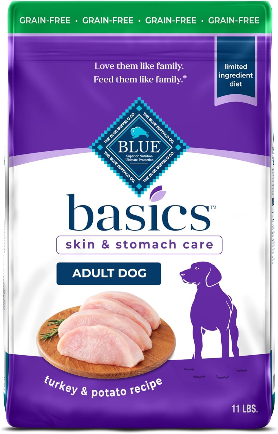 Blue Buffalo Basics Adult Grain-Free Dry Dog Food for Skin & Stomach Care, Limited Ingredient Diet, Made in the USA with Natural Ingredients, Turkey & Potato Recipe, 11-lb. Bag - Image 1 of 10