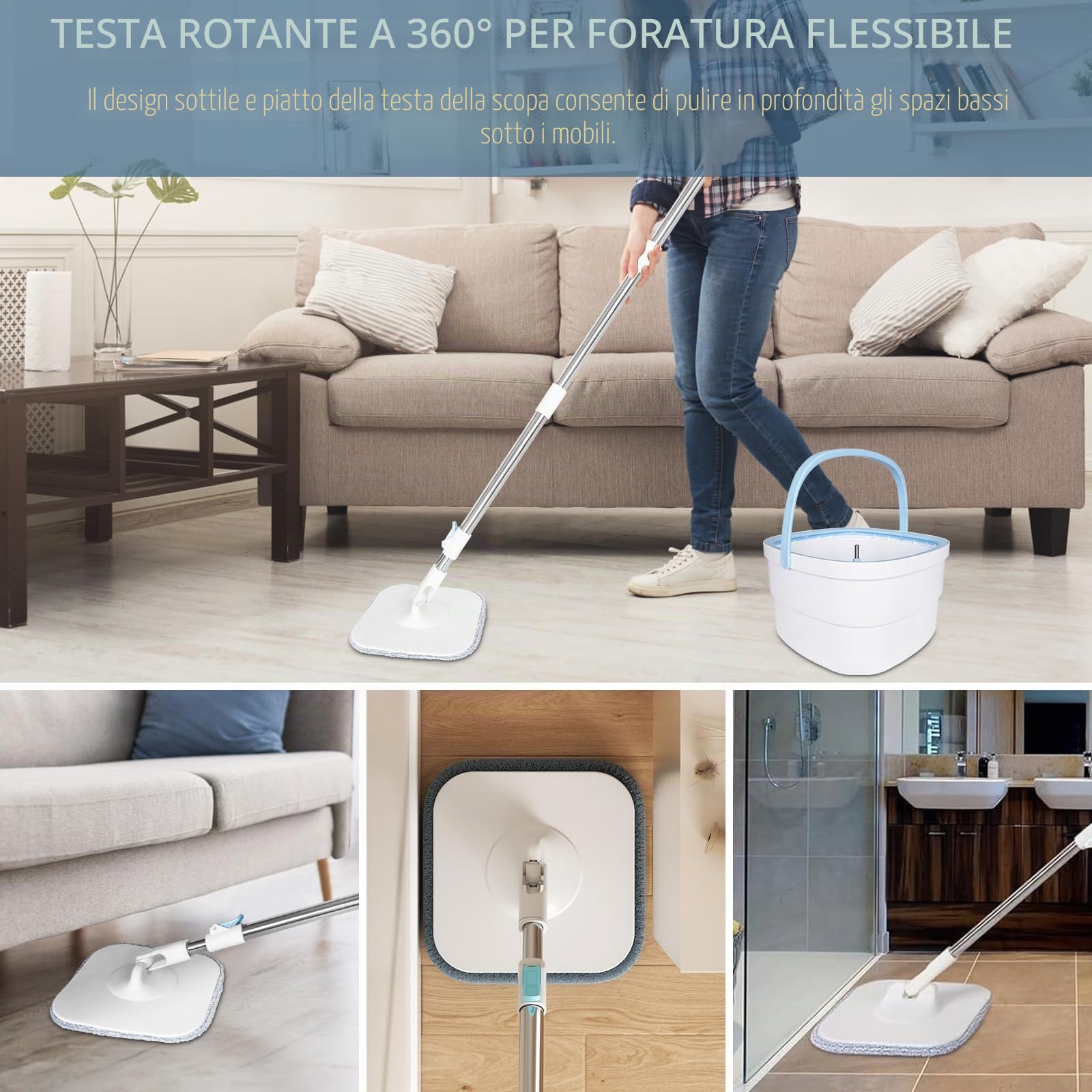 Mocio Lavapavimenti 130cm,con Secchio, 2-in-1 Filtraggio Separa lo Sporco Dall'acqua Dolce, Mocio Pavimenti Autostrizzante Rotante, con 2 Ricambio Mocio Microfibra