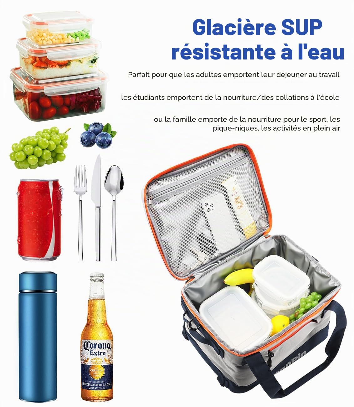 Glacière de planche à pagaie 33 canettes - Accessoires de planche à pagaie - Étanche - Pour kayak - Pour pique-nique, travail, excursions - Décapsuleur inclus