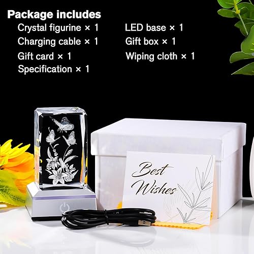Miniatura 4 de YWHL Regalos de mariposa de cristal 3D para mujeres, figuras de mariposa y lirio grabadas con láser con base de luz para amantes de las mariposas,