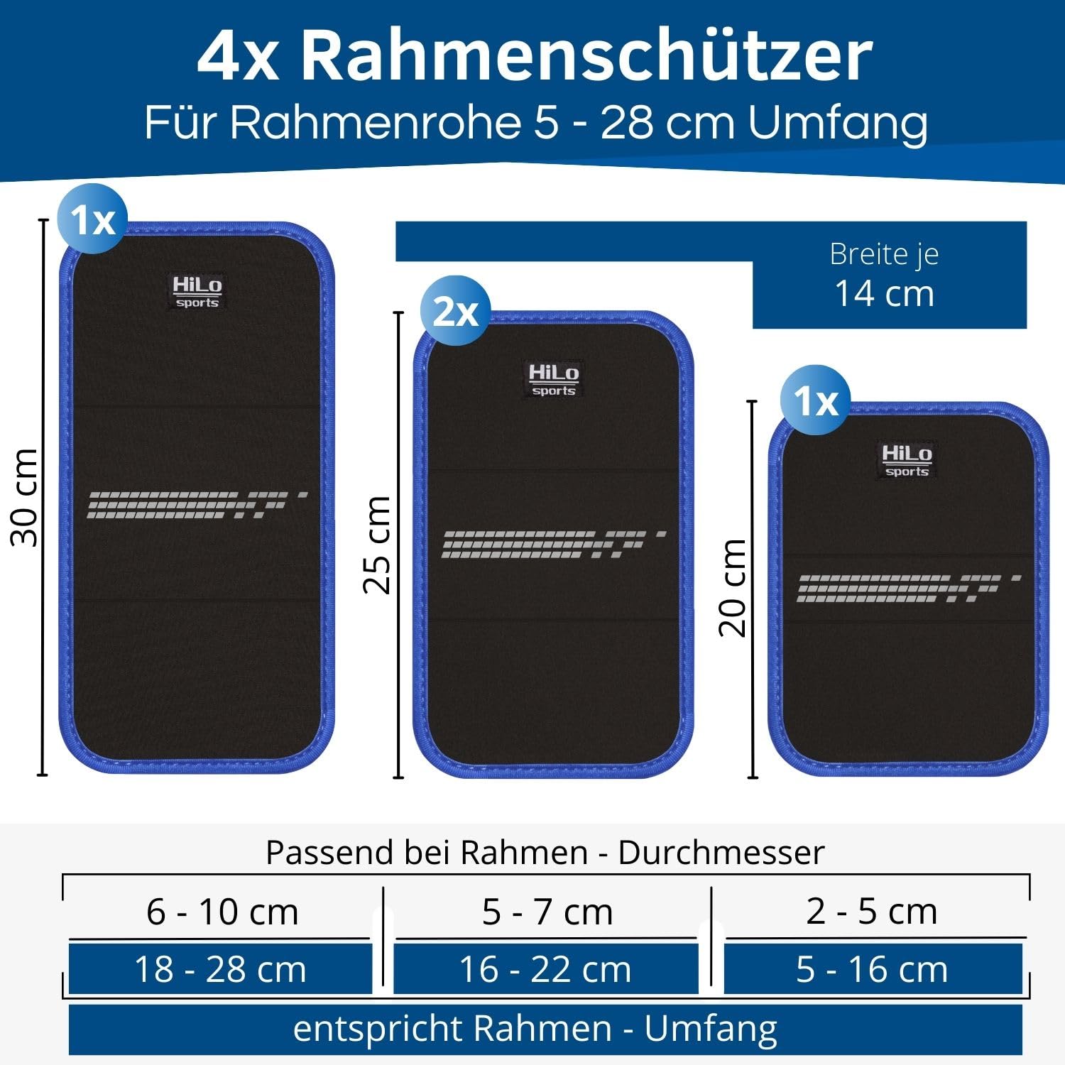 HiLo sports Fahrrad Rahmen- und Transportschutz Set - [4x Rahmenschützer & 2x Pedalschützer] - Für alle Rahmenumfänge von 5-28cm - E-Bike und Fahrrad Schutz mit Reflektoren (Schwarz - Blau)