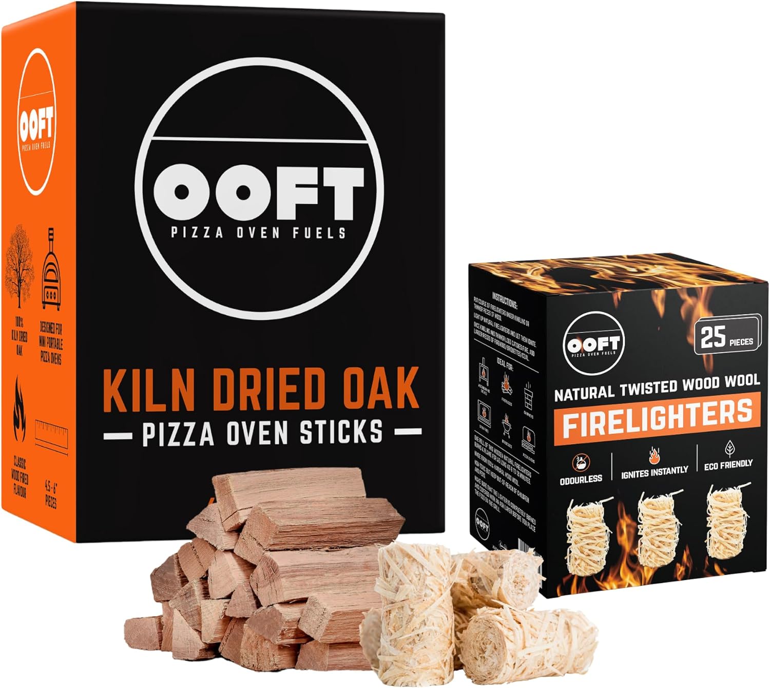 OOFT Pizza Oven Wood and Firestarter Bundle - 100% Kiln Dried Oak 6 Inch Cooking Wood - Perfect for Ooni, Gozney, Solo Stove & Other Brands - 12-14lb Box - Includes Box of 25 Natural Firestarters