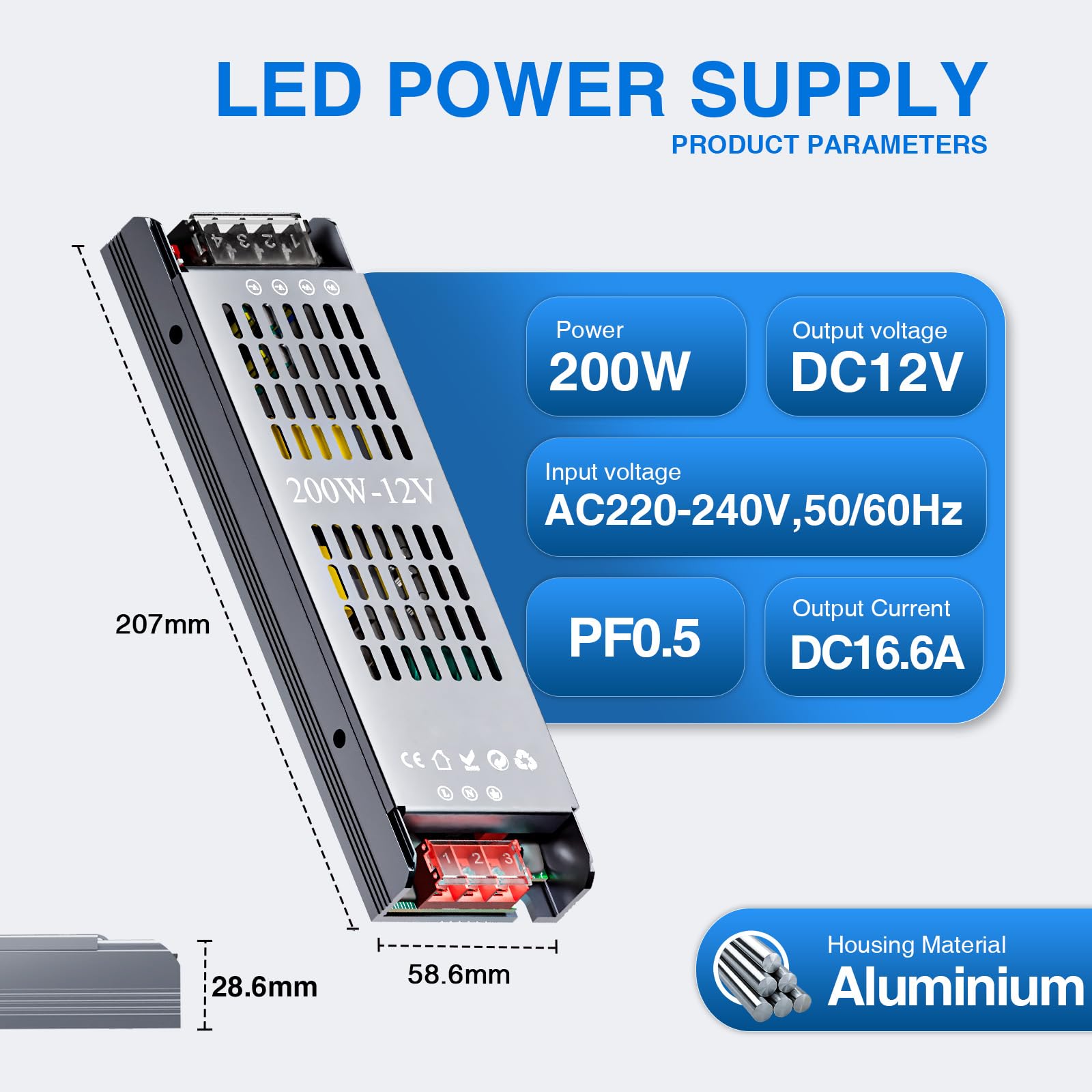 Alimentatore LED 12V 200W Ultra Sottile Dimmerabile 4 Livelli, Trasformatore 220V AC a DC16.6A, Driver LED a Tensione Costante per Striscia (12V, 200, Watt)
