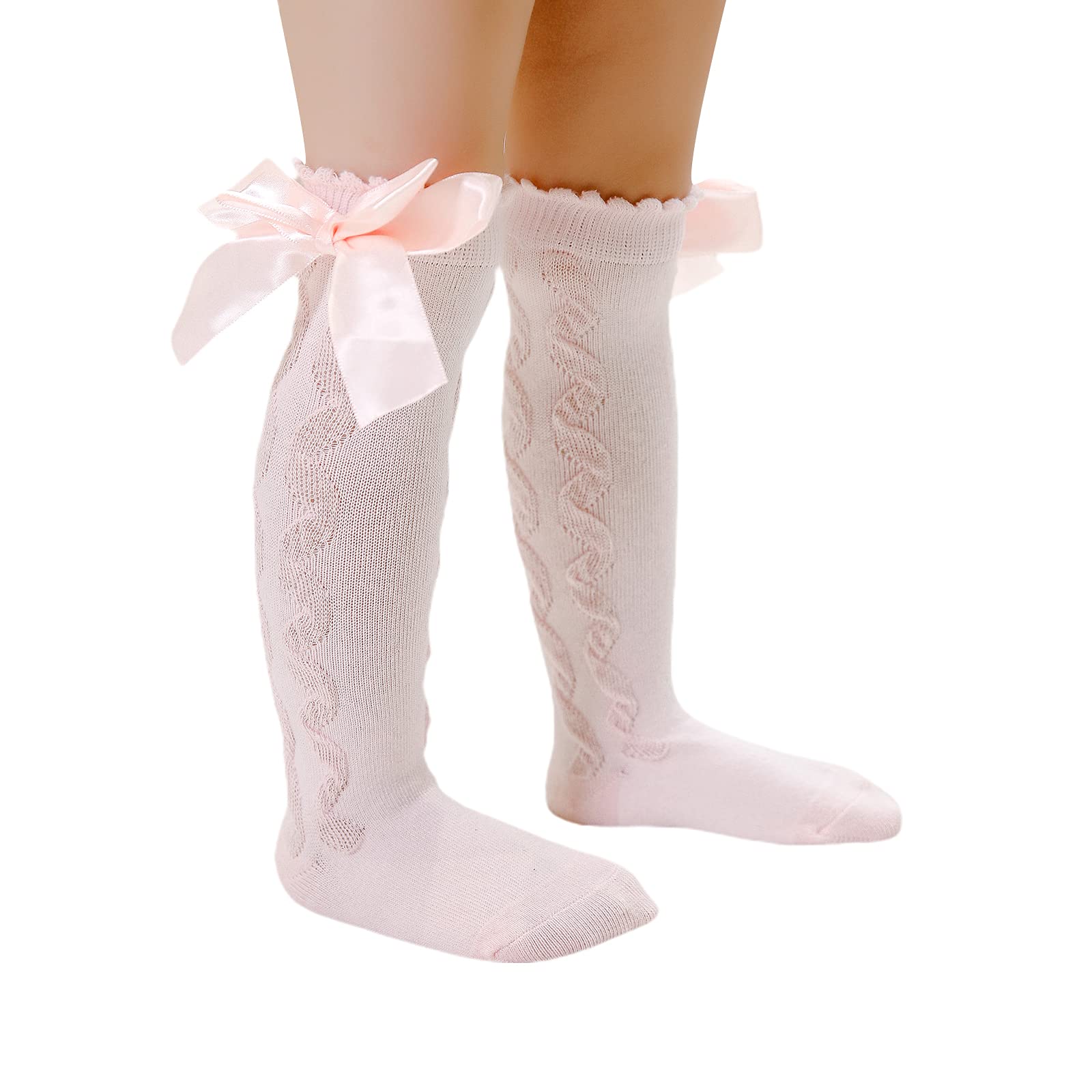 Emmababy Baby Girls Knee High Socks Bow Solid Knit Socks Infant Leggings Long Knee High Stockings Toddler Long Knitted Socks (Pink, 6-18 Months)
