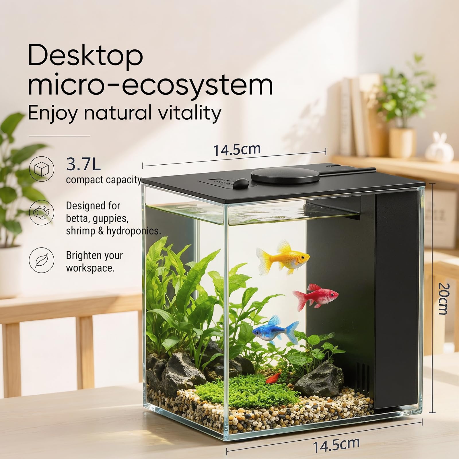 Mini Acuario Acrílico 3,7 L Kit Completo con Luz LED y Bomba de Filtro, Nano Acuario Compacto para Betta, Camarones y Plantas Acuáticas Decoración Interior