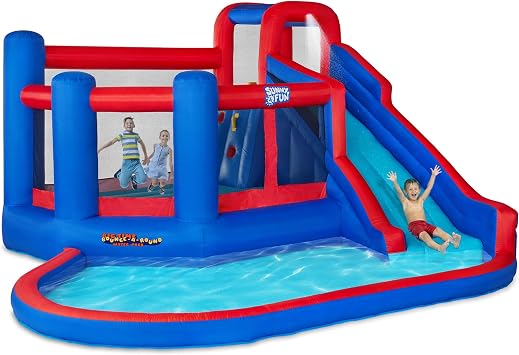 Sunny & Fun Big Time Bounce-A-Round Inflatable Water Slide Park Heavy-Duty for Outdoor Fun - Climbing Wall, Slide, Bounce House & Splash Pool Easy Set Up with Included Air Pump & Carrying Case