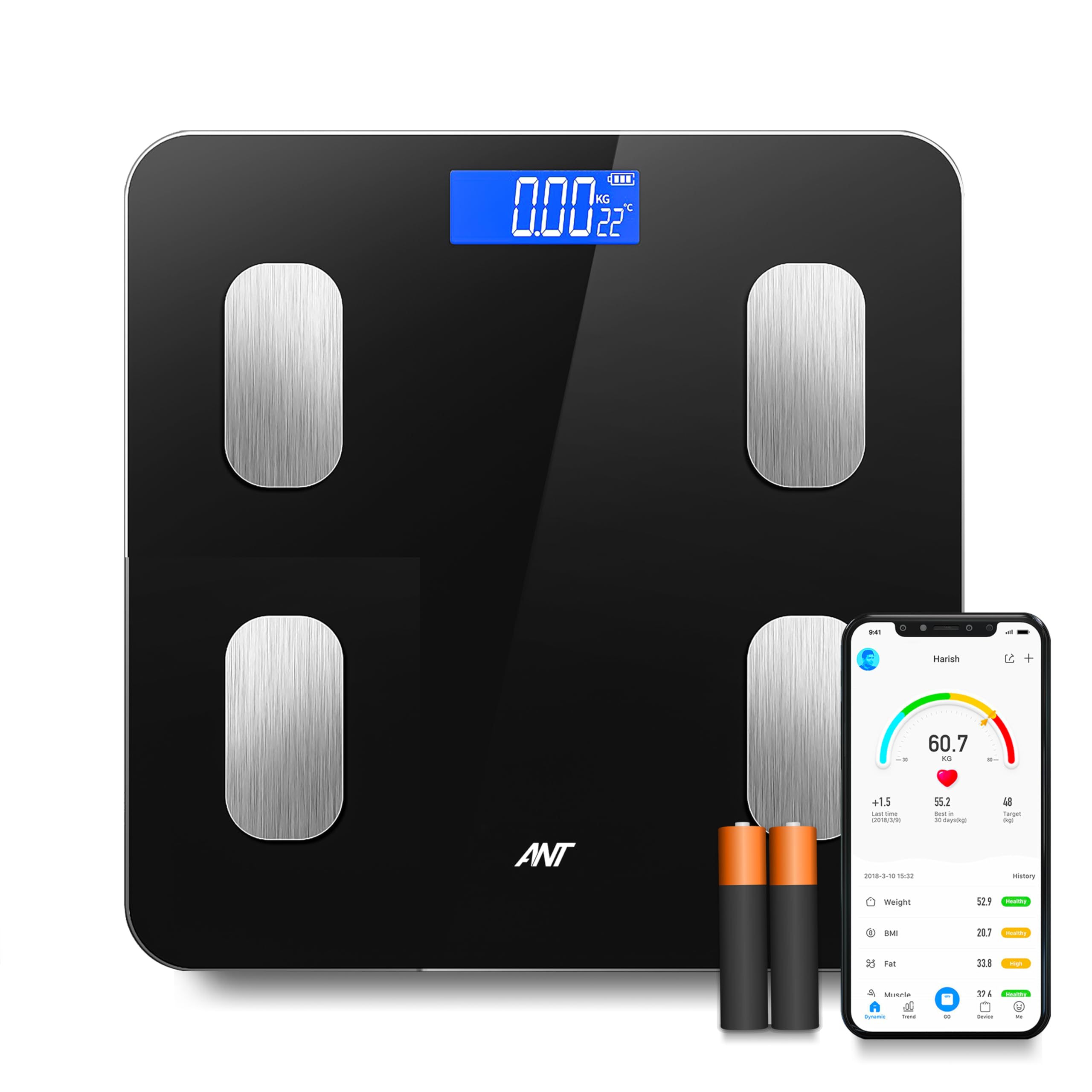 ANT Aura Smart Digital Body Fat Scale with Bluetooth | Accurate Weighing Machine for Body Weight, BMI, Muscle Mass, Body Composition | 180Kg Capacity – Black