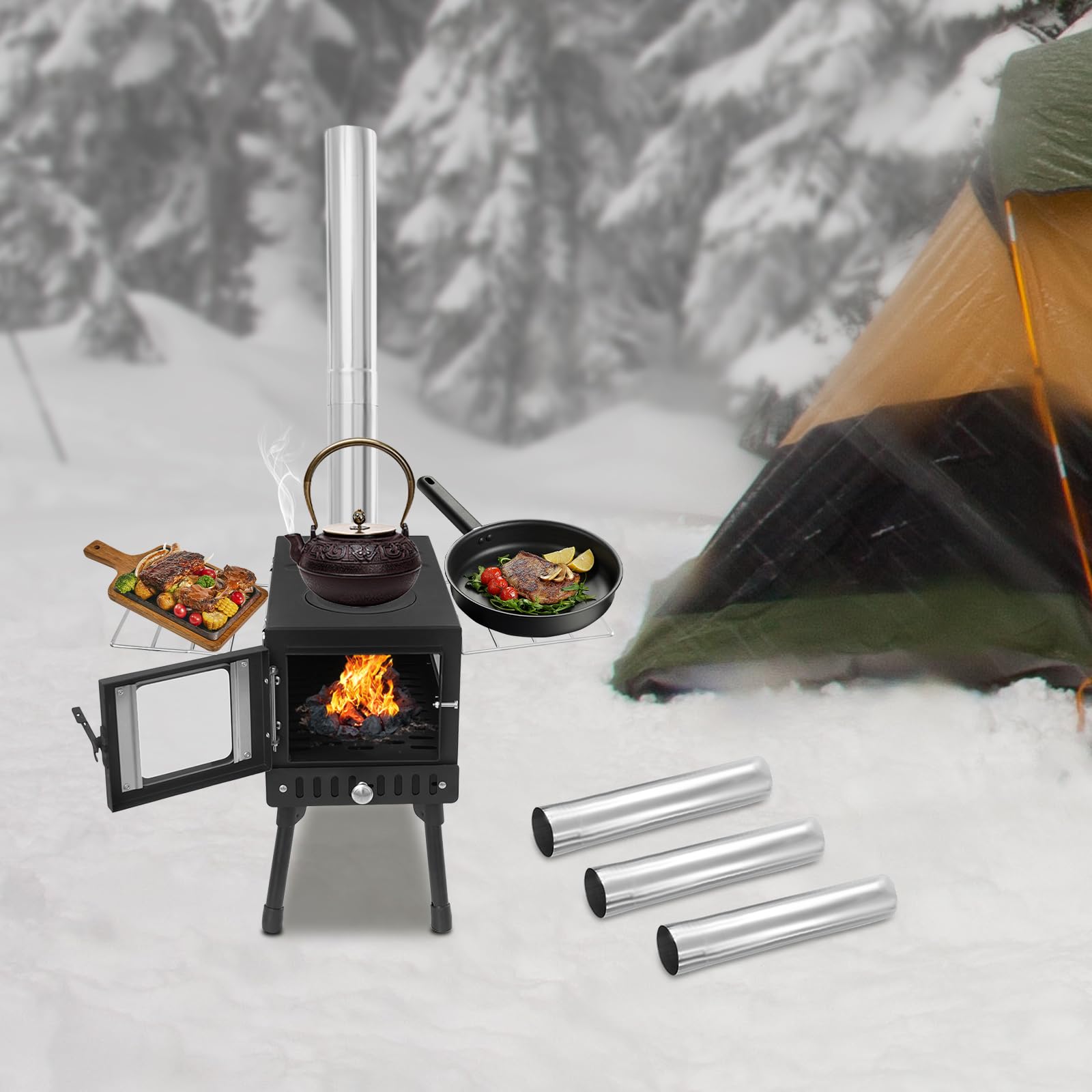 Klappbarer Camping Holzofen, Zeltofen Outdoor mit Schornstein, Tragbarer Zeltofen & Outdoor Küchenofen aus Edelstahl, 36-56cm Höhenverstellung Heizofen(35-40 kg Tragkraft)