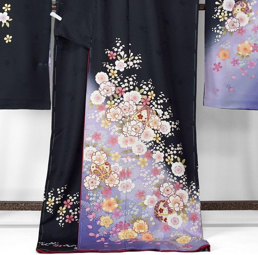 新品未使用 振袖 未仕立て 仮絵羽 黒地 桜柄 リメイク 新品未使用 振袖