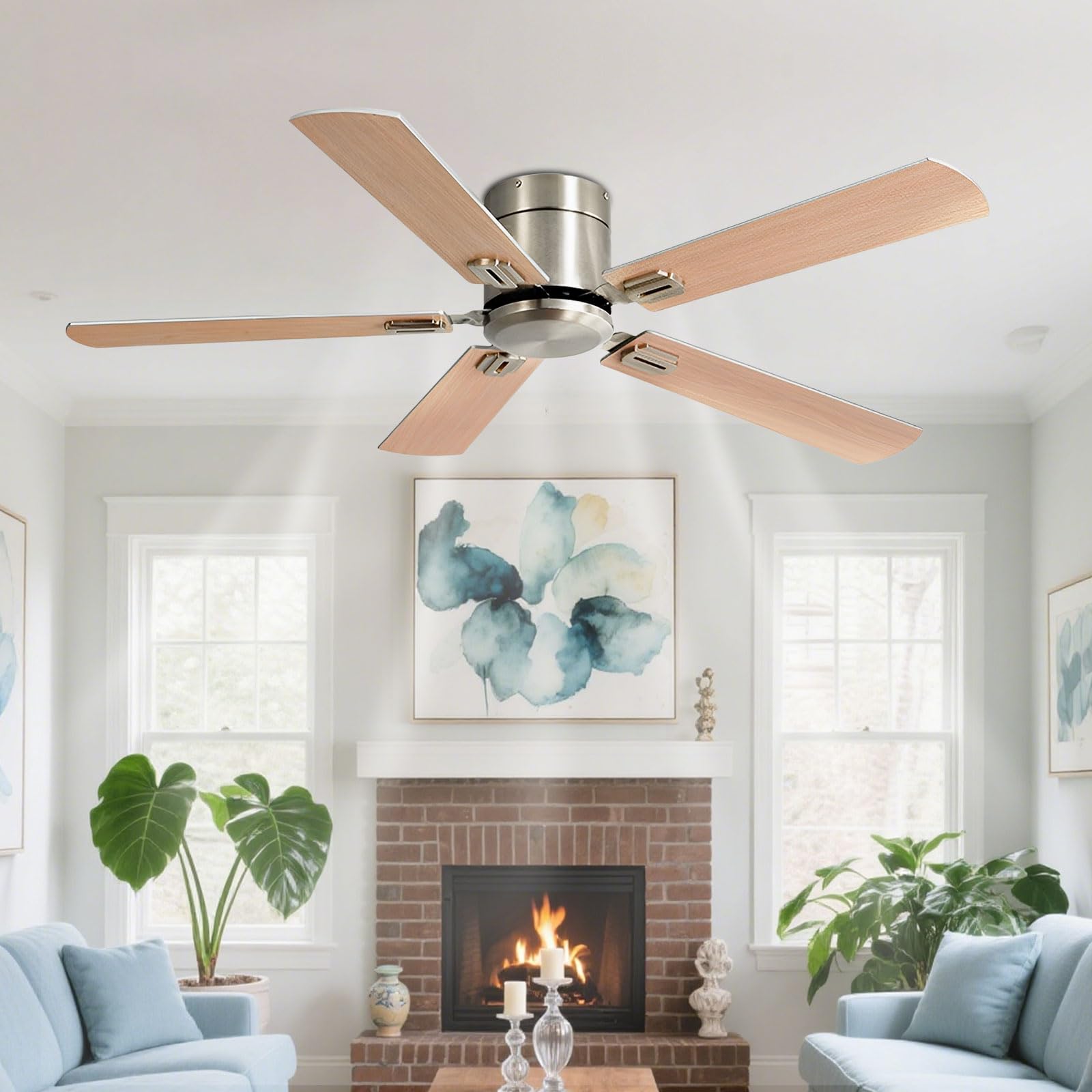 Ventilateur de plafond nickel sans éclairage avec moteur CC et télécommande 6 vitesses