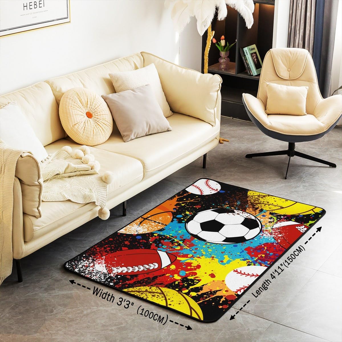 jejeloiu Ball Living Room Rugs Area Rug 3x5 Gaming Sports Comforter Cover Set Gift for Ball Game Lover Indoor Floor Mat Rugby Sports Decorative Rug Colorful Doormats Floor Mat image 3