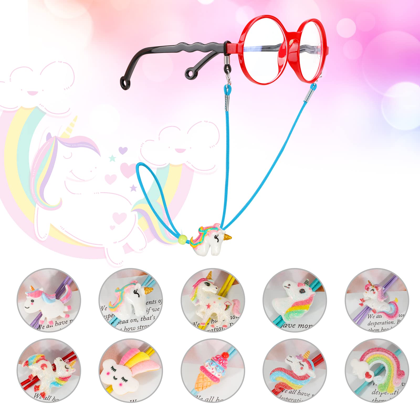 Hifot Correa Gafas para Niños 10 Piezas, Unicornio Gancho de Máscara Ajustable, Dibujos Animados Retenedor Cadenas Cordones para Gafas