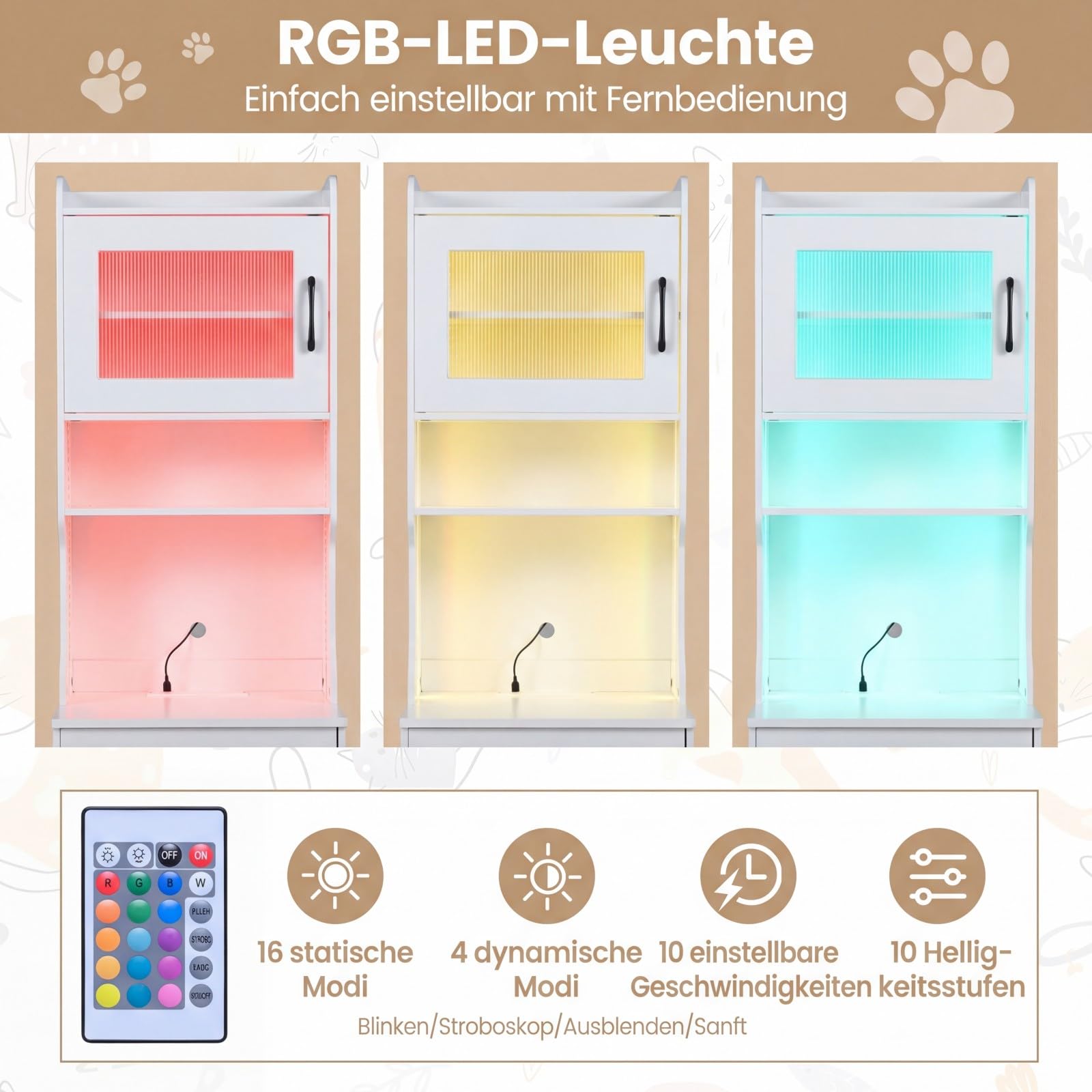GYMAX Katzenschrank, Katzenklo Schrank mit Ladestation & LED-Licht, 16 Modi, Katzentoilette Schrank hoch mit Schublade, Regalen, Tür & Eingang, Hochschrank, 50 x 45 x 152 cm (Weiß)